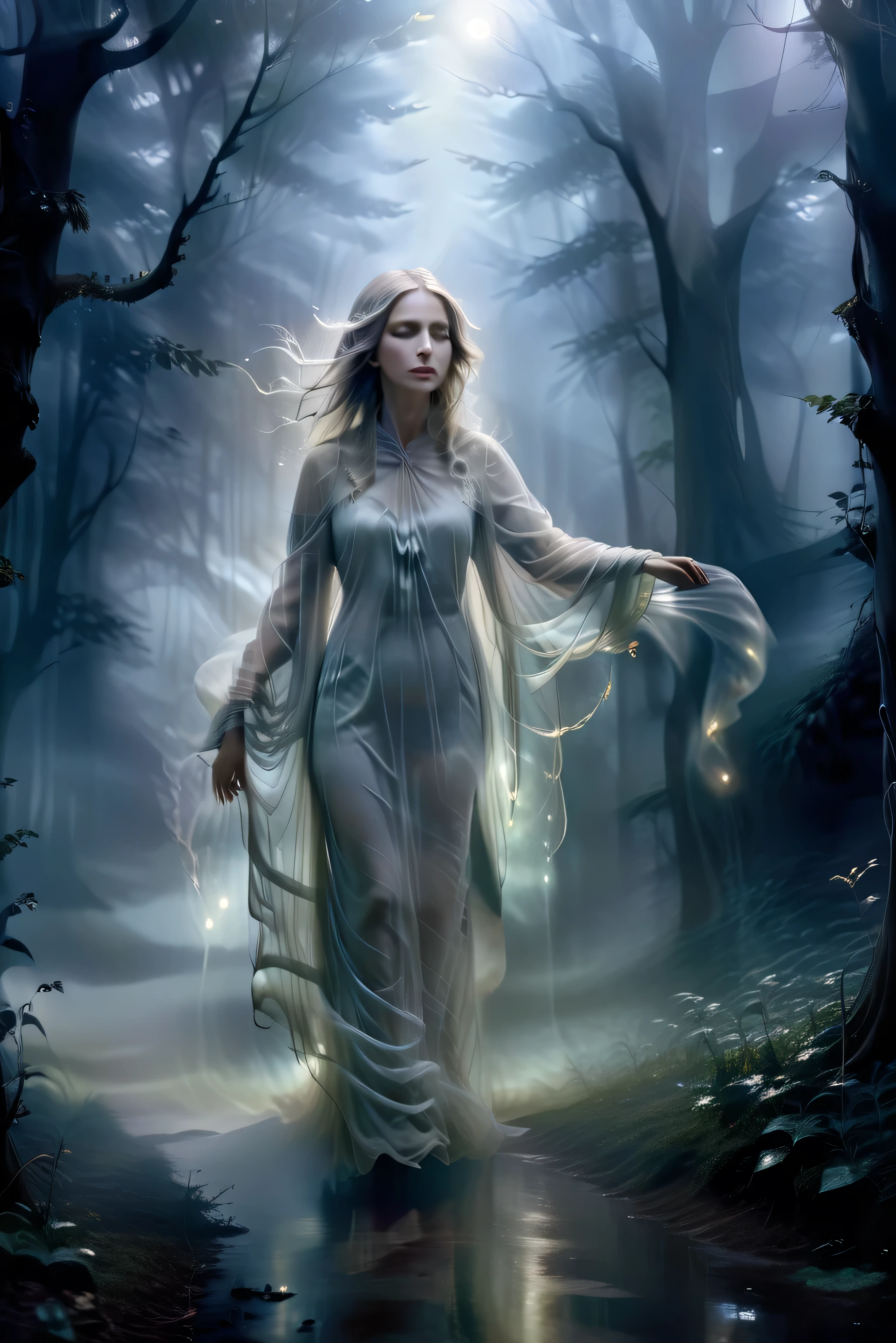 (masterpiece), (8k), (best quality), (sublime), a Ghost, haunting, ethereal, fey, a celestial organism, liminal, death, alive again, wispy, transparent, sentient, pale, arms up, feminine, body stretched elongated bending and poised, silvery smoke, wispy strands of moon silver, translucent silk, opalescent sky, elongated, poise, exuding enchanting glow, emanating an aura, delicacy, youth, moonlight, night, pure magic, in a dark foggy enchanted Forest (celestial), (lighting), (evocative), (surreal), (unreal), (strange)