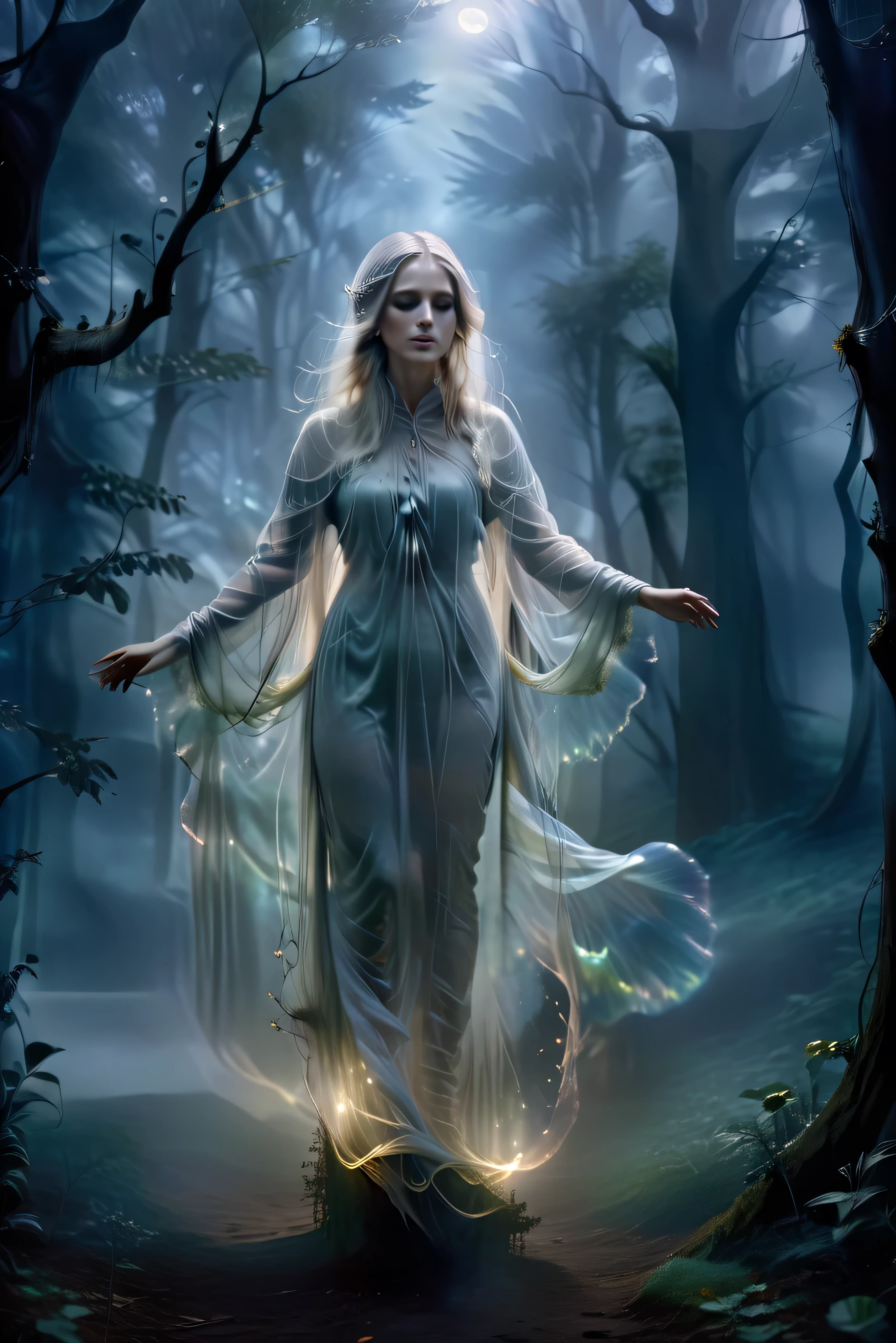 (masterpiece), (8k), (best quality), (sublime), a Ghost, haunting, ethereal, fey, a celestial organism, liminal, death, alive again, wispy, transparent, sentient, pale, arms up, feminine, body stretched elongated bending and poised, silvery smoke, wispy strands of moon silver, translucent silk, opalescent sky, elongated, poise, exuding enchanting glow, emanating an aura, delicacy, youth, moonlight, night, pure magic, in a dark foggy enchanted Forest (celestial), (lighting), (evocative), (surreal), (unreal), (strange)