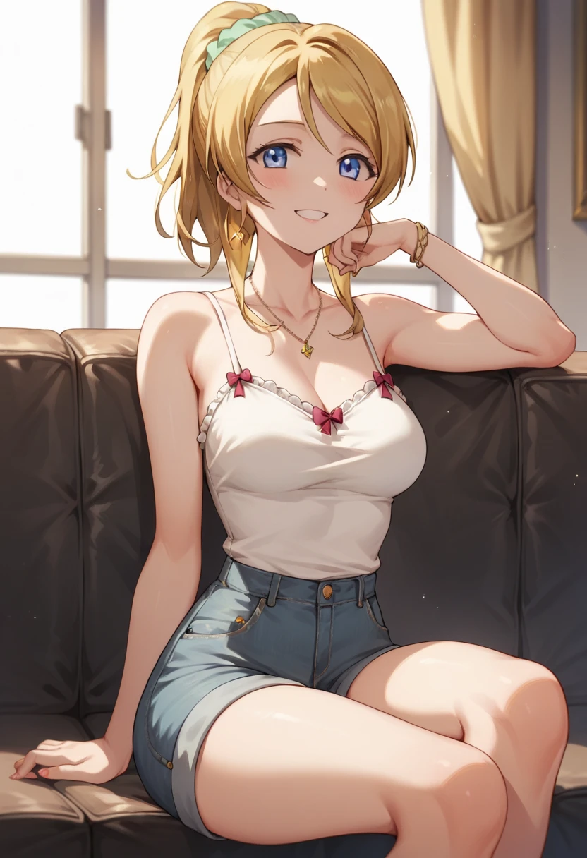 (((red rose print bra))), Very detailed、highest quality、Best image quality、masterpiece、8k、Anime Face、A kind smile、Open Mouth、((yellow middle hair:1.5))、big , sexy、 utiful body 、Cowboy Shot, Sexual Inrse, ((), hotel bedroom, ((( Jeans))
