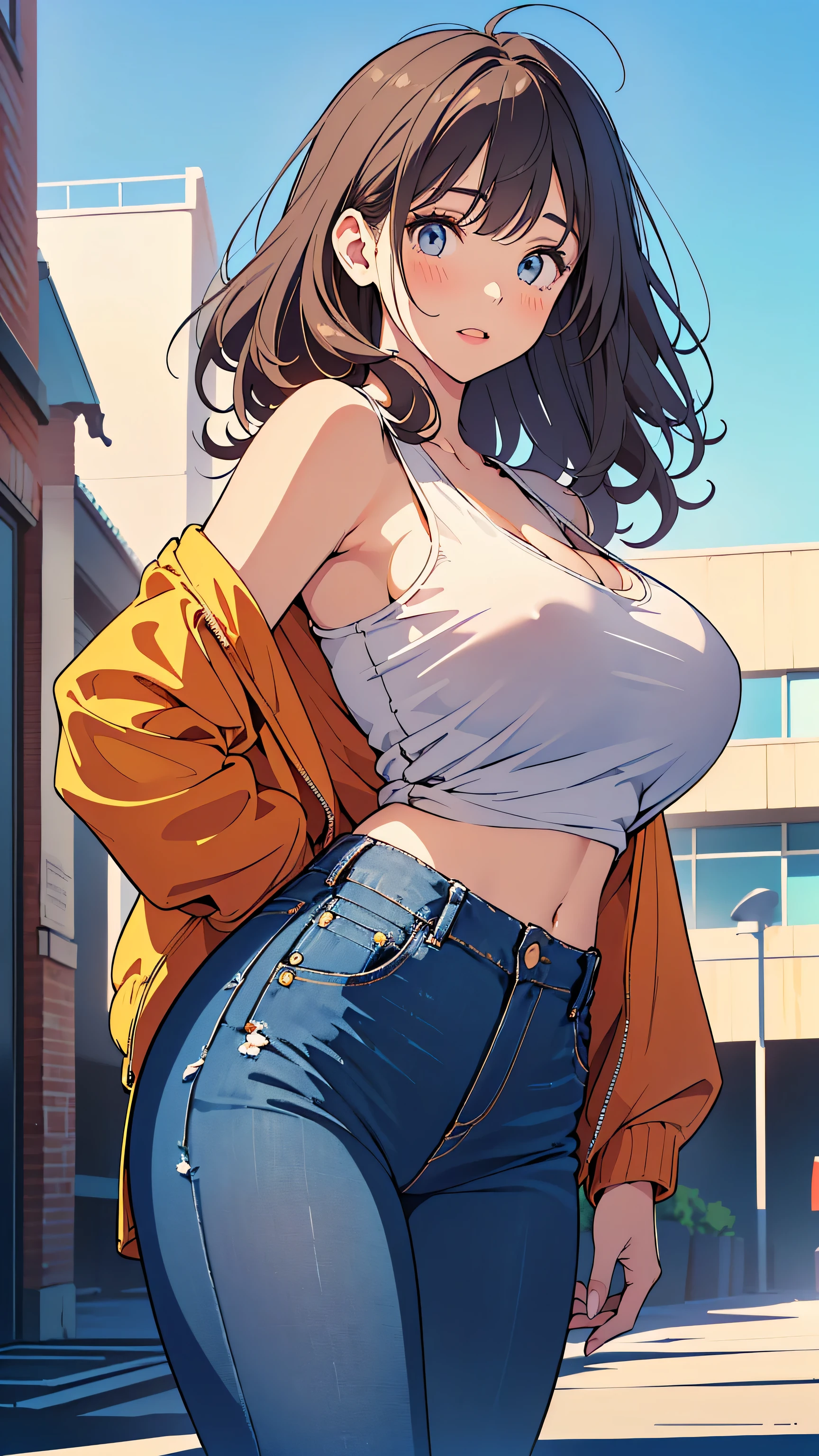 masterpiece, best quality, illustration for both eyes, (( Picture drawn with very fine lines:1.3)), super detailed, Finely Details, high definition, 8k Wallpaper, perfect dynamic composition, Beautifully Detailed Eyes, dress, ( medium hair, curl hair , Curly hair, Random Color), (Big Natural Tits:1.5), NATURAL COLOR LIPS, ((Twilight look)), shame, (Random Sexy Poses, bending forward), (((28-year-old woman, adults))), ( Brown blouson, jacket, Open button, Plain), (Thin cotton tank top, Random Color:1.3), A slightly exposed waist,(Navy blue jeans, short), Focus on the butt, cowboy shot, in the price:1.3, (blue sky, The sky stretches into the distance),