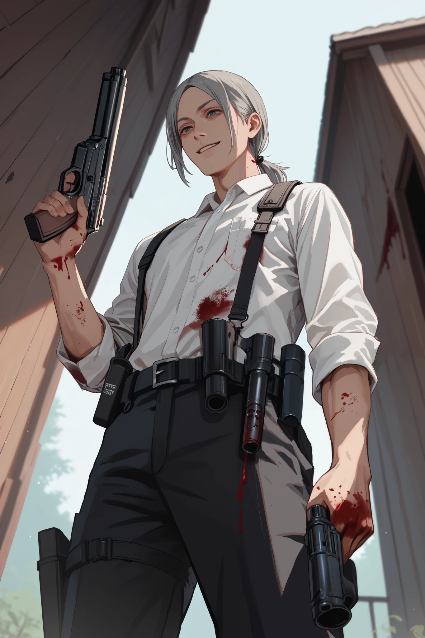 1 boy, gray hair low ponytail, parted bangs, white shirt, suspender, black pants, blood stains, dark cabin basement, gun holster, smile, looking from below