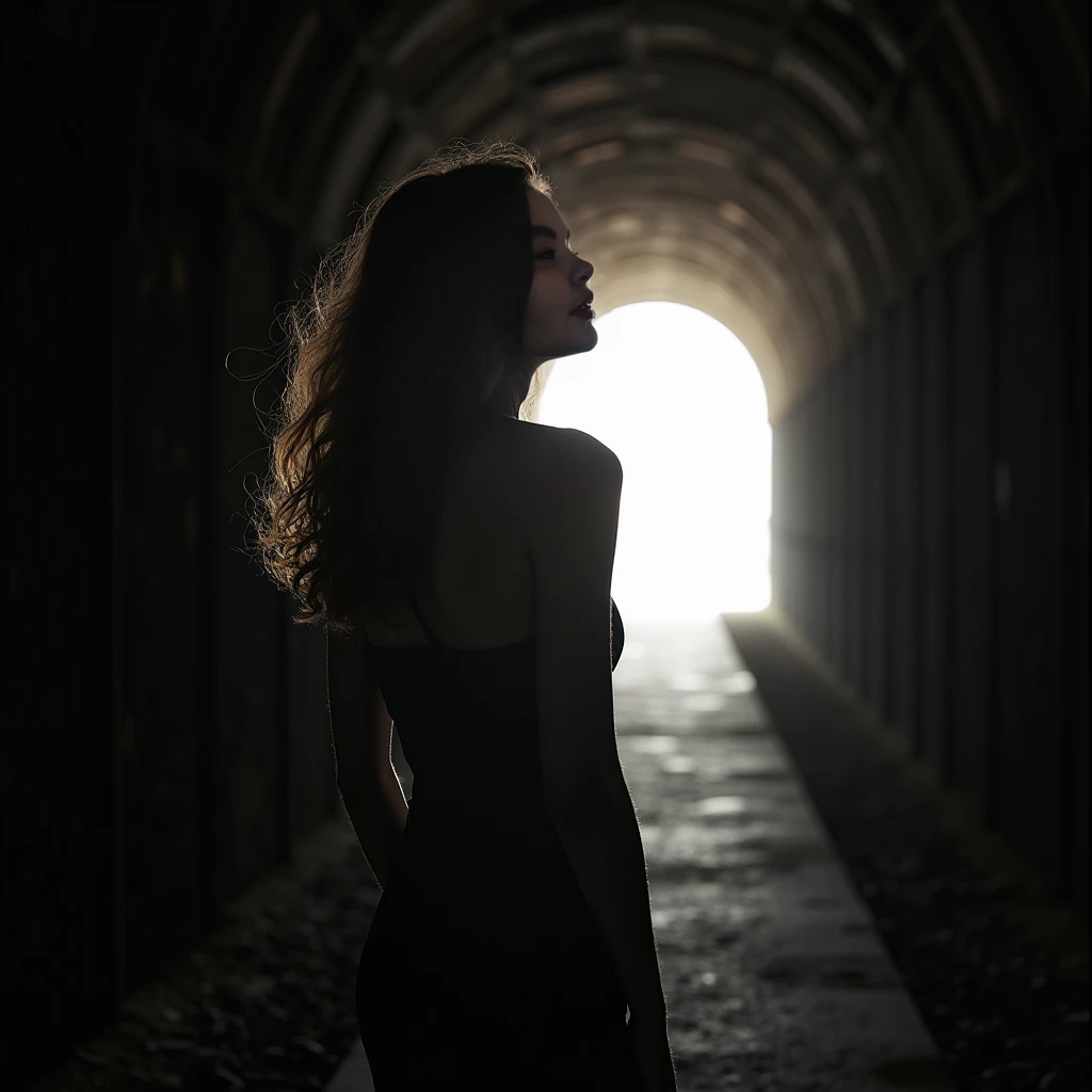 NSFW, woman in a tunnel, standing, rear view, fit legs, looking back at camera, naked, blue eyes, brown hair, snowey