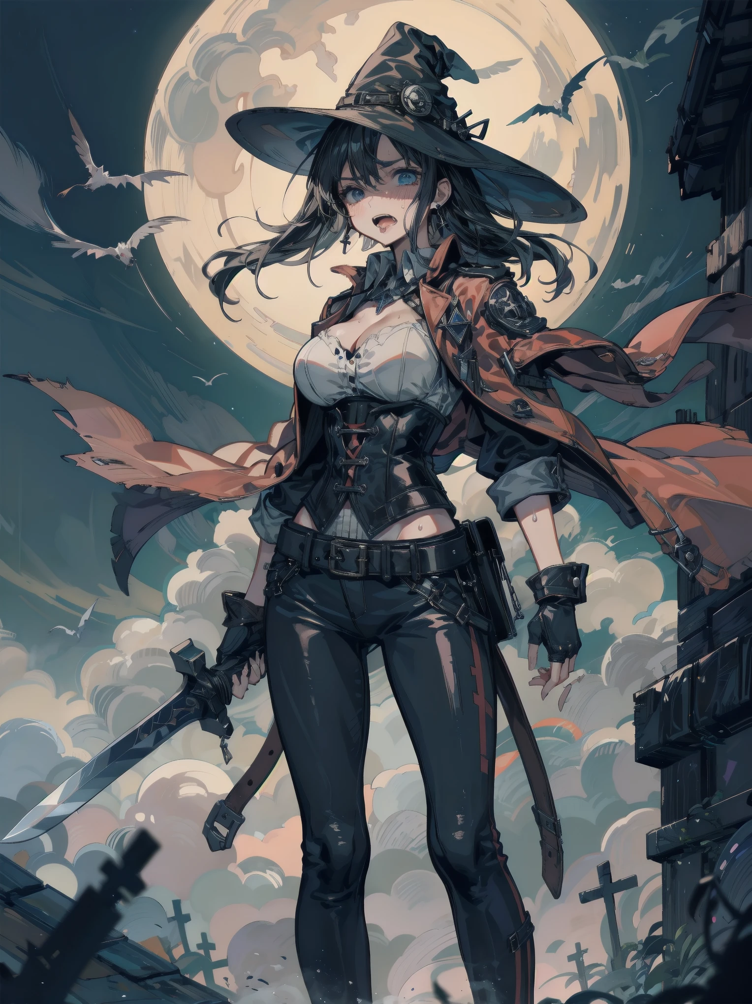 masterpiece,best quality, nsfw, (upskirt) portrait of a gorgeous teasing mature 30 yo female witch with red short curly hair (wearing a puffy black dress) with (no panties) and witch hat while holding a broom and looking down at viewer. The full moon and the night sky can be seen in the background, the witch's is visible. Crotch shot, by CLAMP