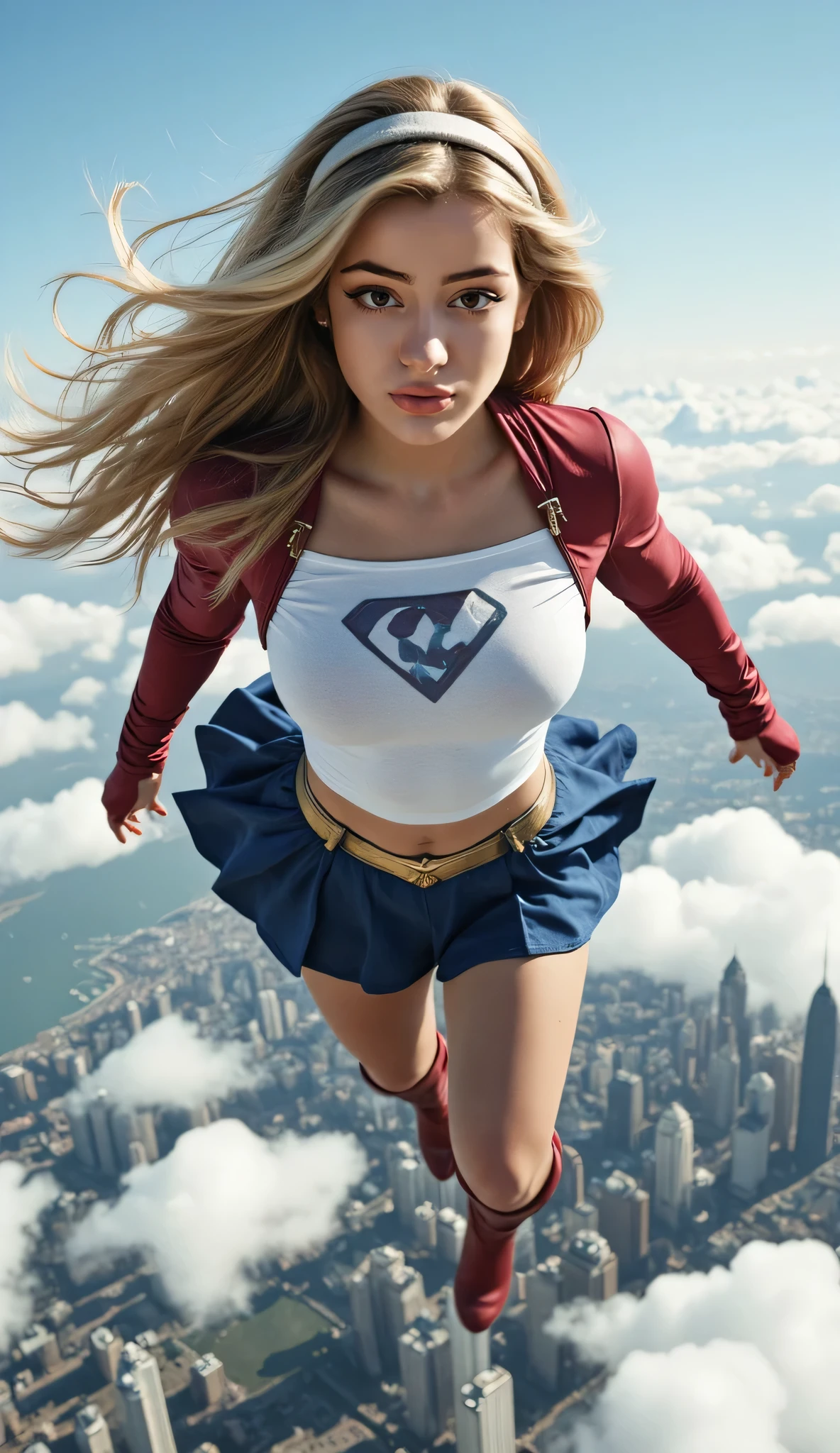 (cowboy shot), (masterpiece), (Best Quality: 1.0), (ultra high resolution: 1.0), detailed eyes, BREAK Supergirl, 1 girl, long blonde hair, hair band, \(white\) crop top, \(blue\) mini skirt, gloves, red boots BREAK (clouds, city, Awesome view) sexy, Awesome, flying in the air, sexy, big, ((big hips)), flying in the air, sexy, big, Without trousers, vagina visible, supergirl insignia on chest
