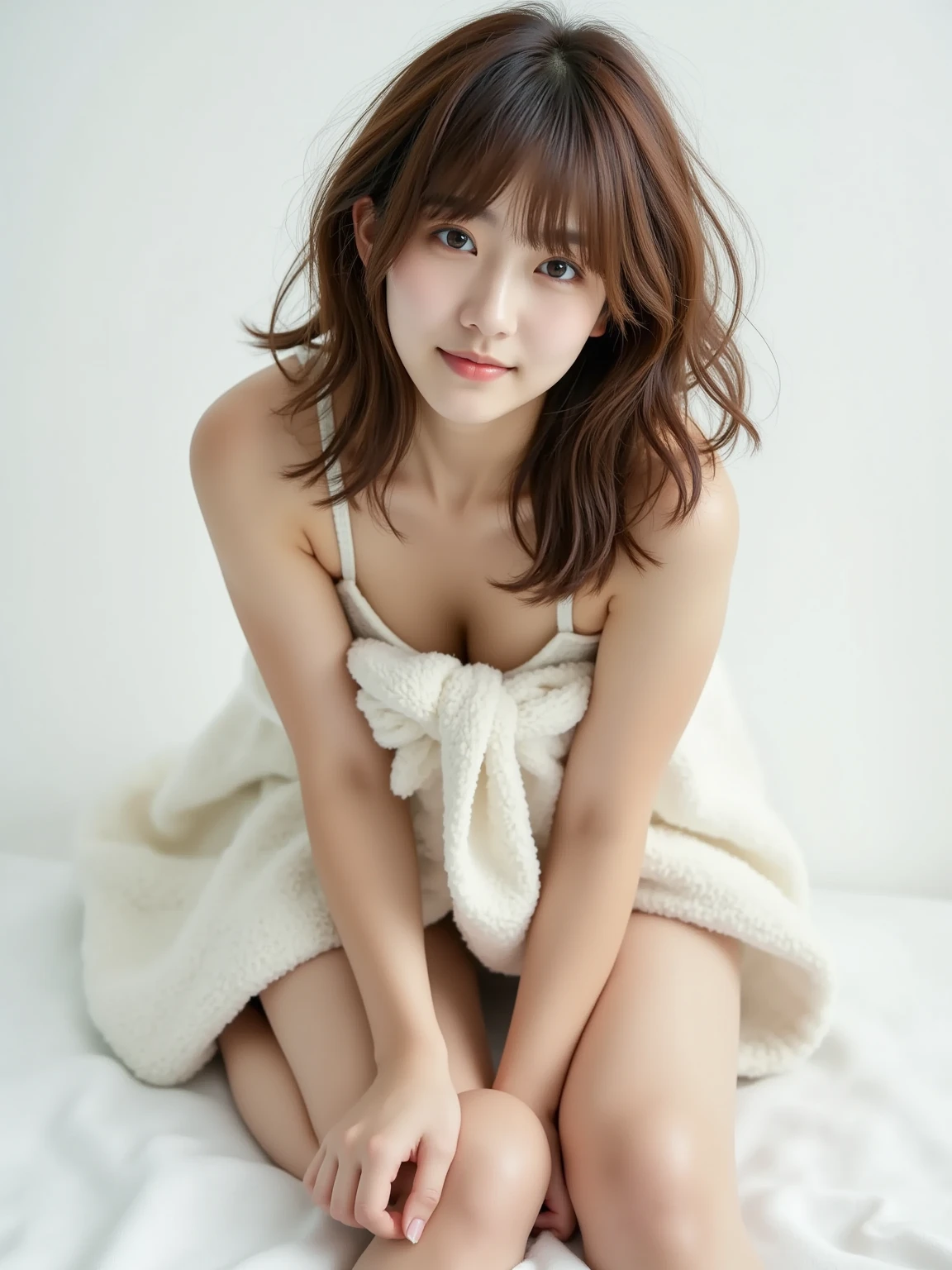 Best image quality, 16K, Ultra-high resolution, 8k, masterpiece, (Canon R5, 1 1 1.8, ISO100, 45MP, 1/4000), One Girl, Aron Eld, JK, high school girl, Medium length Hair, bangs, Brown Hair, double eyelid, length eyelashes, Lower eyelashes, Brown eyes, Looking at the audience, Wearing only a white shirt and a pleated skirt, A white shirt with all the buttons undone, Green ribbon around neck, very good, D cup bust, Detailed depiction of nipples, Dark blue and white checked pleated skirt, A miniskirt that barely covers the upper thighs, No pants, nude、Thin arms, length, Thin legs, Dark blue socks, black loafer shoes, Spread your legs,sitting on a park bench, Full Body Shot, I watch with excitement from below,