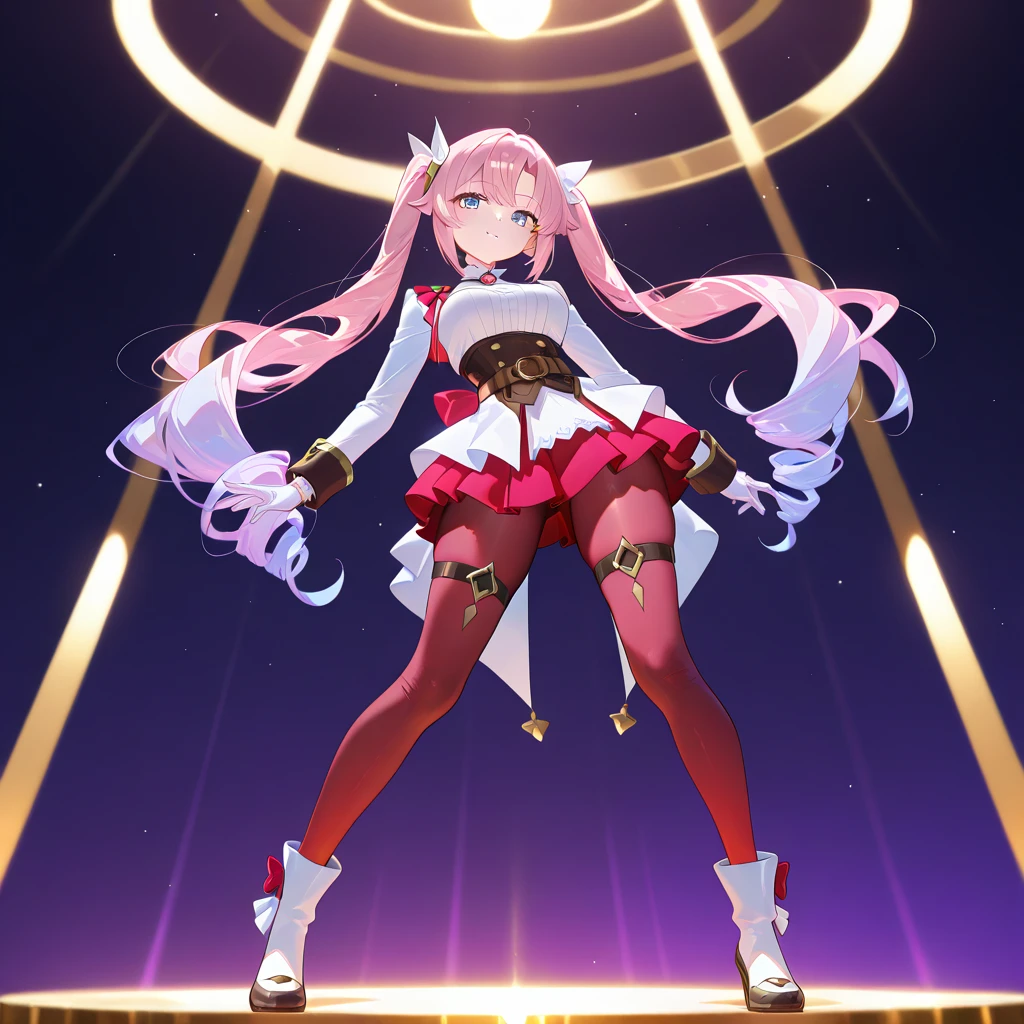 dstomoca, pink hair, very long hair, two side up, yellow eyes, small breasts, star hair ornament, hair bow, dress, bowtie, gloves, center cutout, single thighhigh