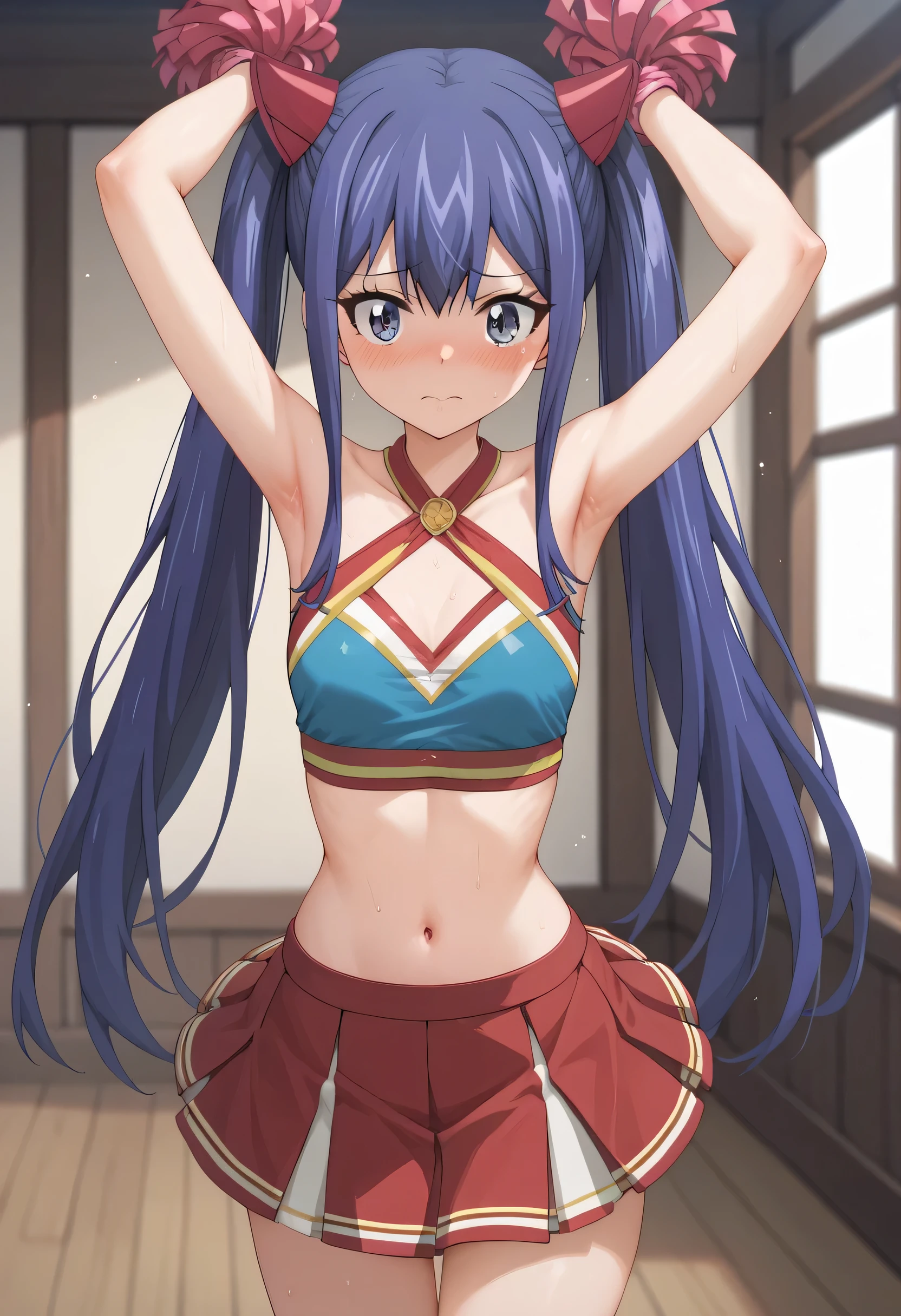An image of blushing Wendy Marvell with flat breasts and a thin waist wearing black cheerleader clothes and a foldable red skirt , raising outstretched arms tied in a room