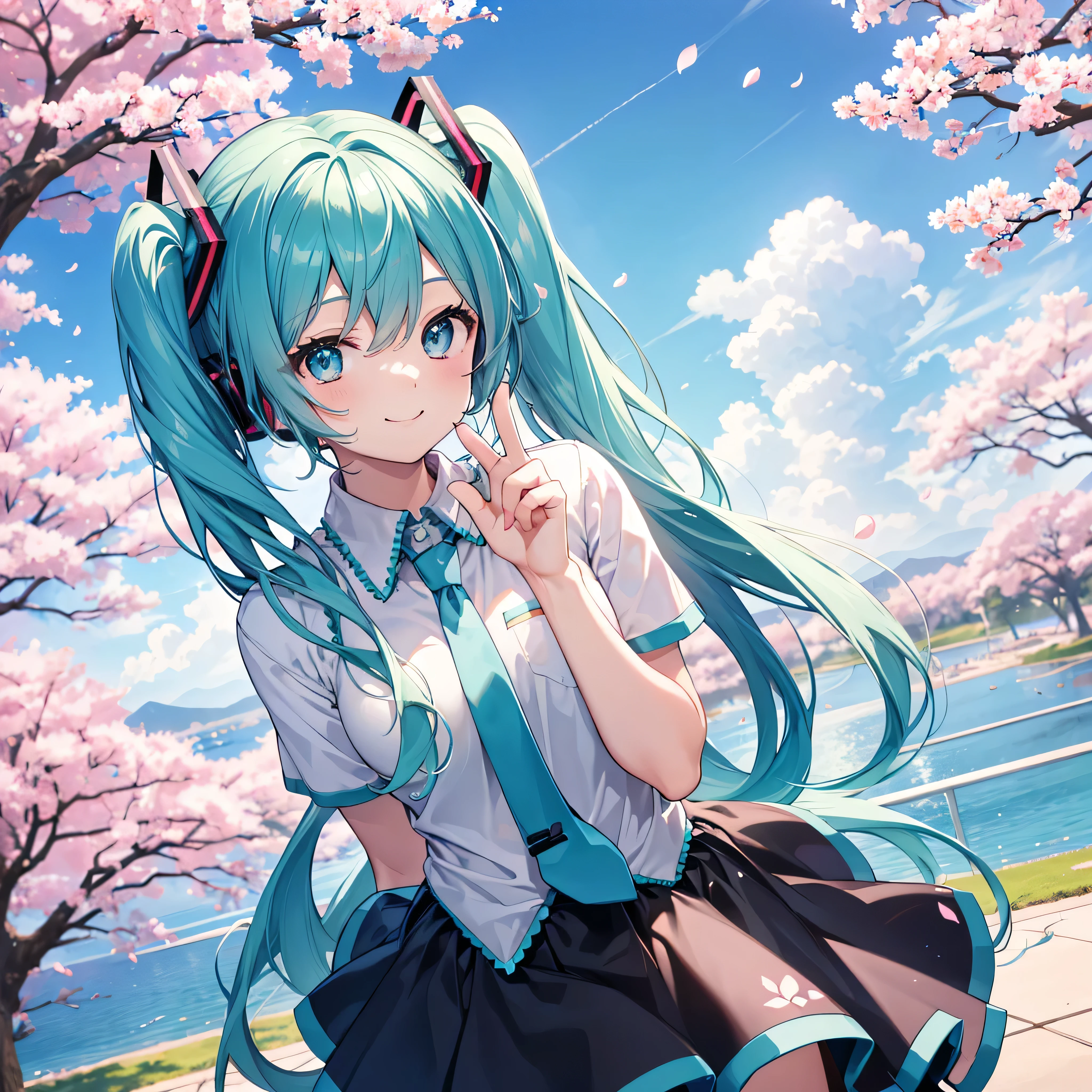 ( top quality、4K、8k、 high resolution、 greatest masterpiece:1.2) blue sky,best smile、cute pose, cute gesture ,かわいいアニメのHatsune Miku、 long hair 、Hatsune Miku、solo,cherry blossoms,white clothes