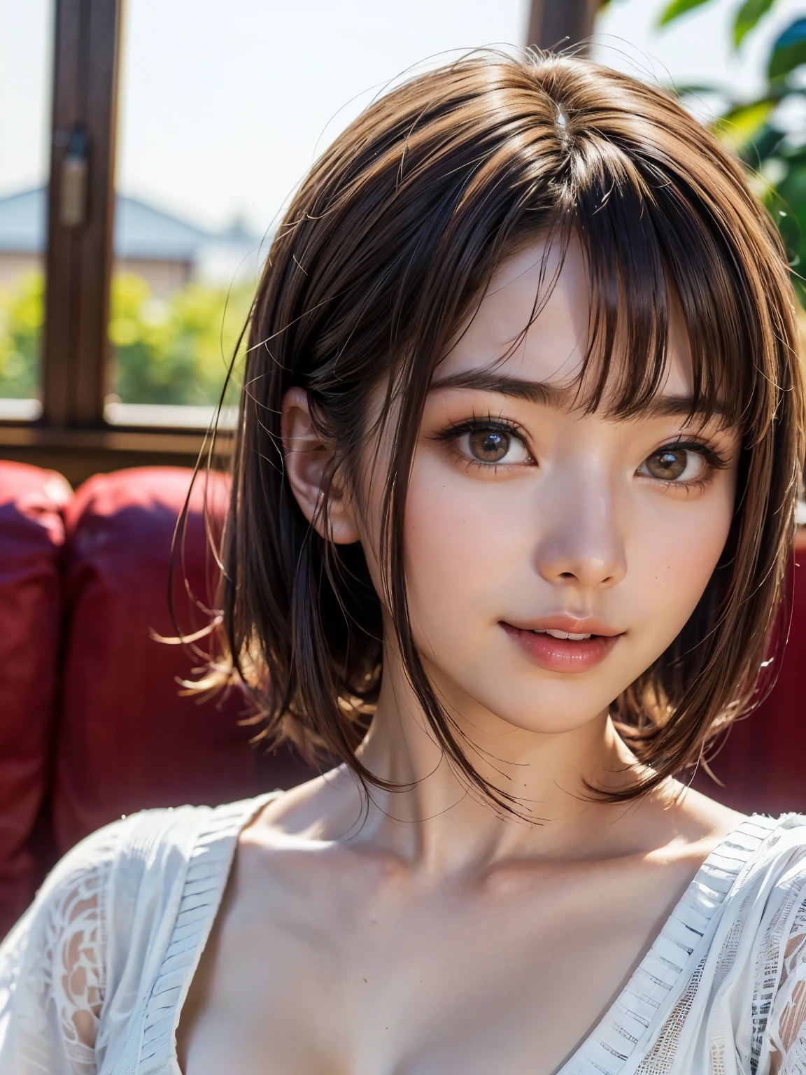 (in 8K, top-quality, masterpiece:1.2), (realisitic, Photorealsitic:1.37), ultra-detailliert, Natural sunlight, mideum breasts, I can see the cleavage, 1 persons, 35-year-old woman, Dark hair, Pendants, Torn shorts, Light Knit V-Neck Shirt, At the time of performance, extremely detailed face and skin, A detailed eye, extremely detailed face and skin、