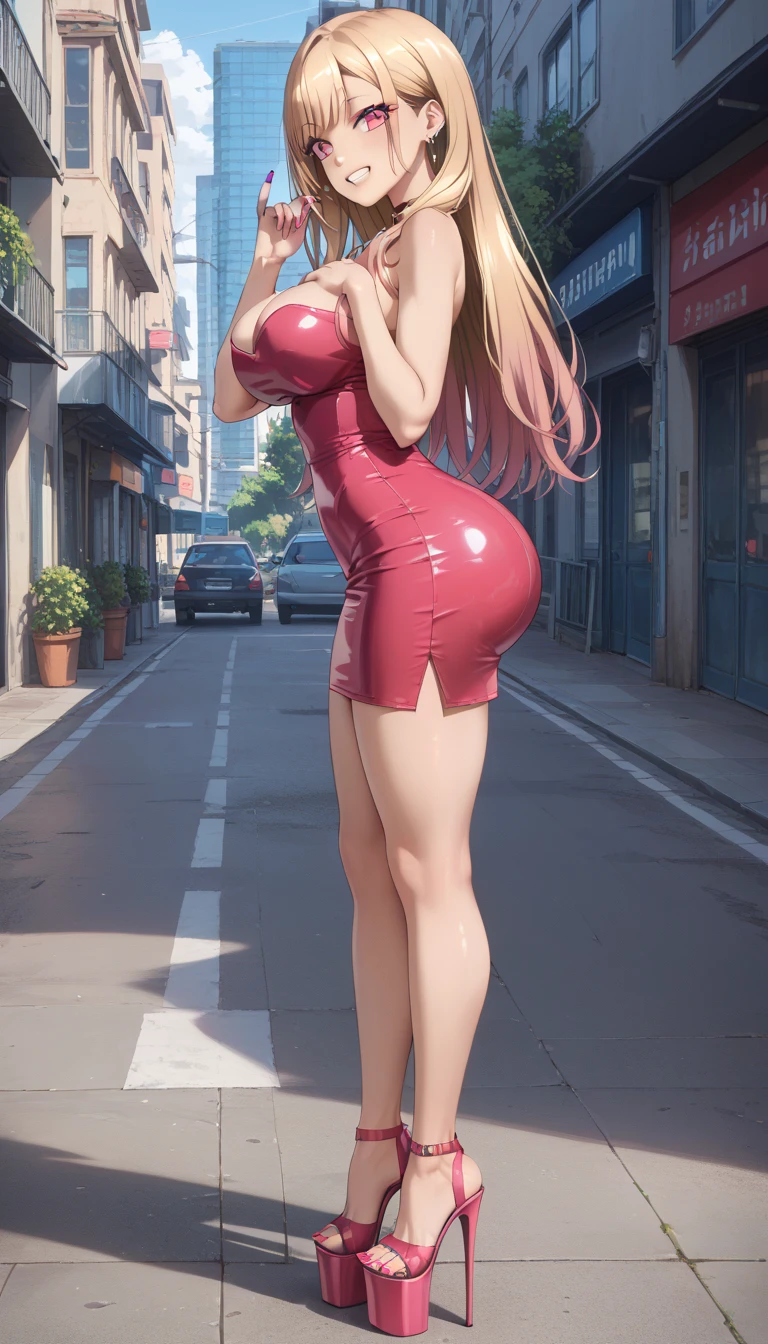 masterpiece, best quality, High Definition Beautiful woman, beautiful face woman bending over in the street showing her butt, wearing a formal dress, with a beautiful smile, beautiful face, long hair, no thong, no underwear, no panties, beautiful pussy, street, blonde hair