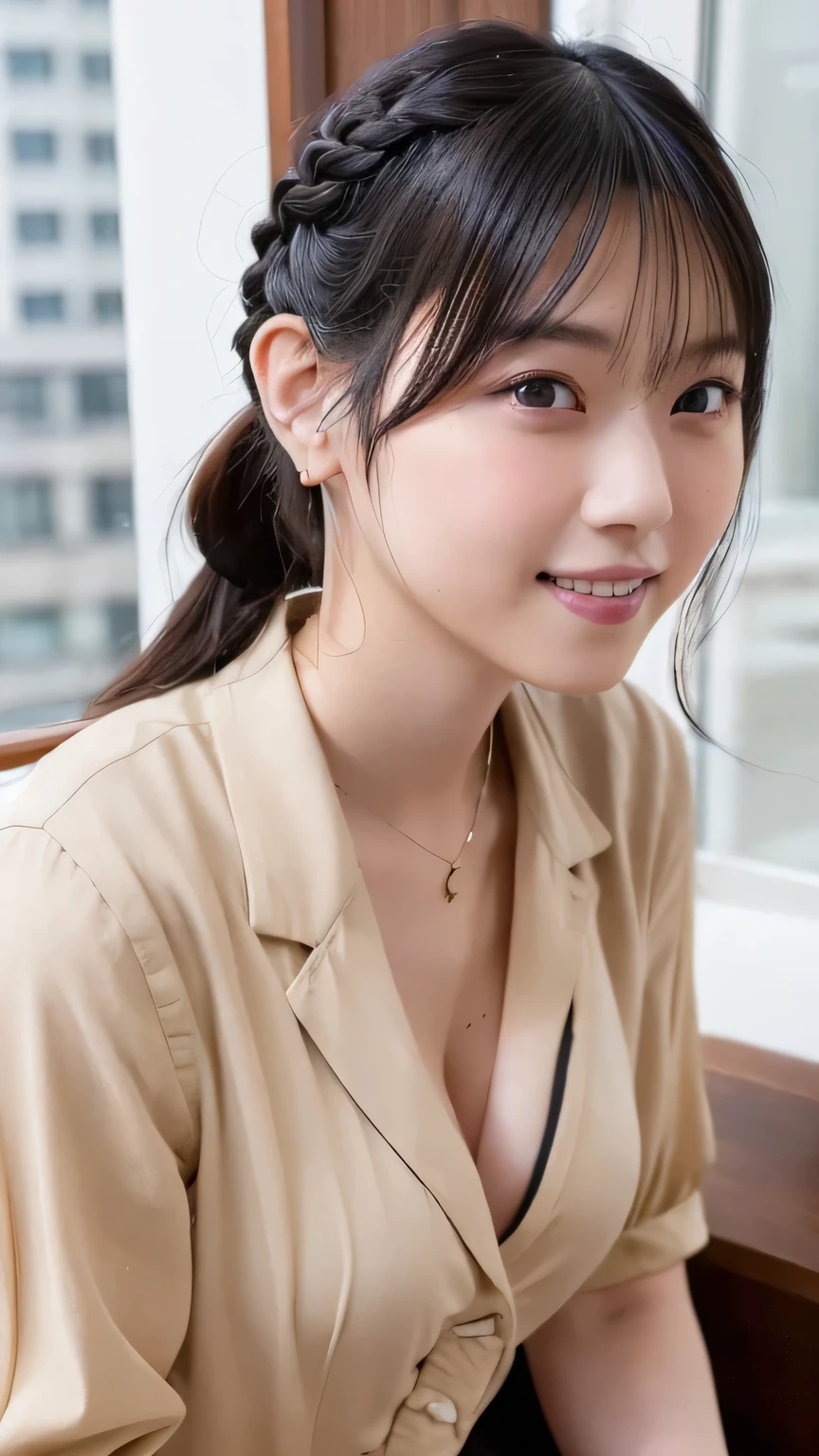 (Japanese girl concentrating on her work、Staring at the monitor、Working on a computer、Japan Office)、(Realistic、Like a photograph、Live Action、8K, Realistic, RAW Photos, Best image quality: 1.4), Single-lens reflex camera、RAW Photos, Highest quality, Realistic, Very detailed CG Unity 8k wallpaper, Written boundary depth, Cinematic Light, Lens flare, Ray Tracing, Realistic background、(Wear glasses、Sleeveless buttoned shirt:1.4、The button on the chest is undone、Cleavage、(Long skirt:1.5)、Big Breasts)、((ultra high density skin))、 Cute Japanese Woman、((whole body:1.5),short hair:1.2、Short Ponytail、tie your hair with a hair clip、I like that style、stylish、Very detailed、Pay attention to the details、Perfect outfit、(Sunburned skin)、View from above、Breast flash、View from the seat a little far away