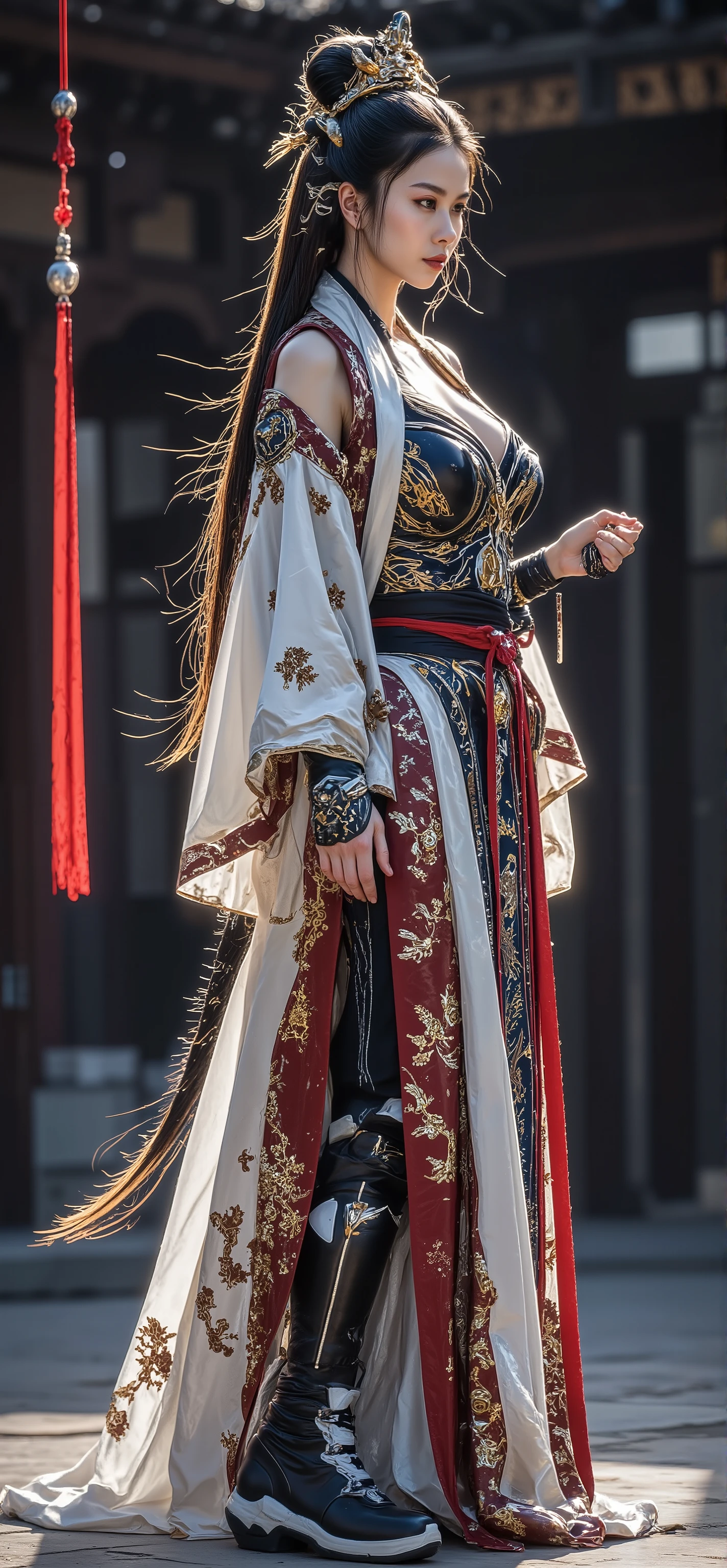 Picture a 20-year-old young Chinese woman. gigantic breasts, cleavage, hourglass figure,  Long, straight black hair tied in a high bun adorned with a gold-and-red military headdress and a ponytail falling down her back. Wearing a Chinese Dynasty military tunic pearly white with dark blue and gold details, armor embroidered in dark red with dark brown and black with yellow embroidery. Long black Chinese military boots with white soles and medieval Chinese bracelets. side view, 