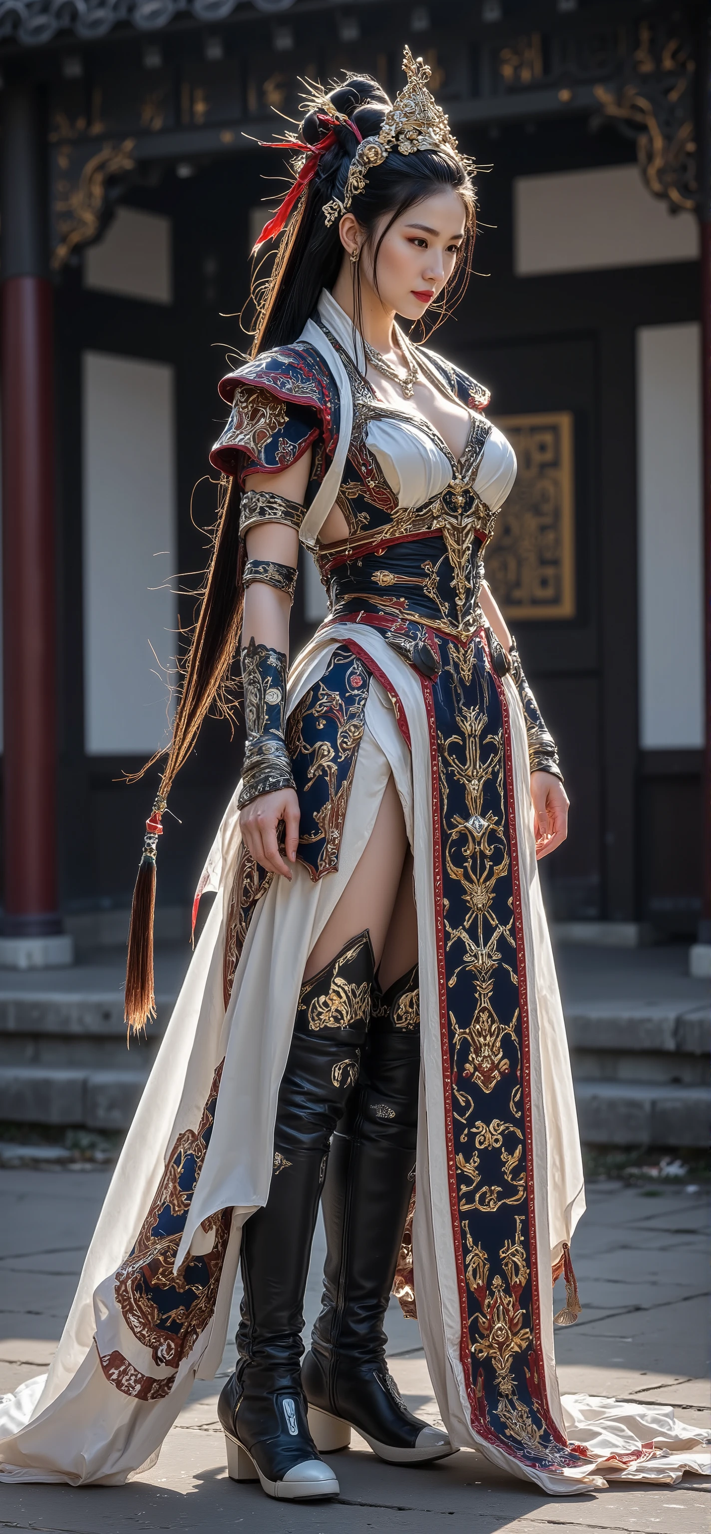 Picture a 20-year-old young Chinese woman. gigantic breasts, cleavage, hourglass figure, Long, straight black hair tied in a high bun adorned with a gold-and-red military headdress and a ponytail falling down her back. Wearing a Chinese Dynasty military tunic pearly white with dark blue and gold details, armor embroidered in dark red with dark brown and black with yellow embroidery. Long black Chinese military boots with white soles and medieval Chinese bracelets. side view,