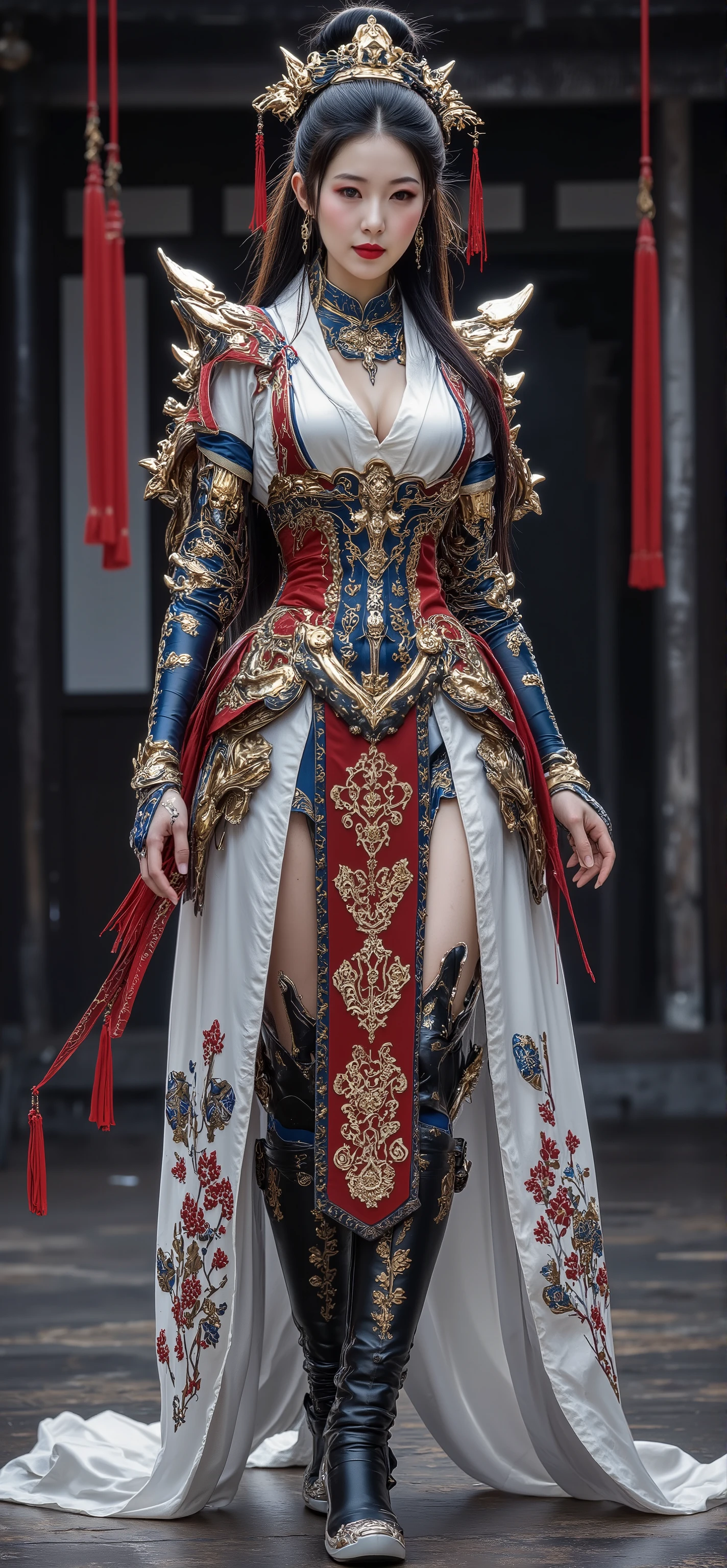 Picture a 20-year-old young Chinese woman. gigantic breasts, cleavage, hourglass figure, Long, straight black hair tied in a high bun adorned with a gold-and-red military headdress and a ponytail falling down her back. Wearing a Chinese Dynasty military tunic pearly white with dark blue and gold details, armor embroidered in dark red with dark brown and black with yellow embroidery. Long black Chinese military boots with white soles and medieval Chinese bracelets.