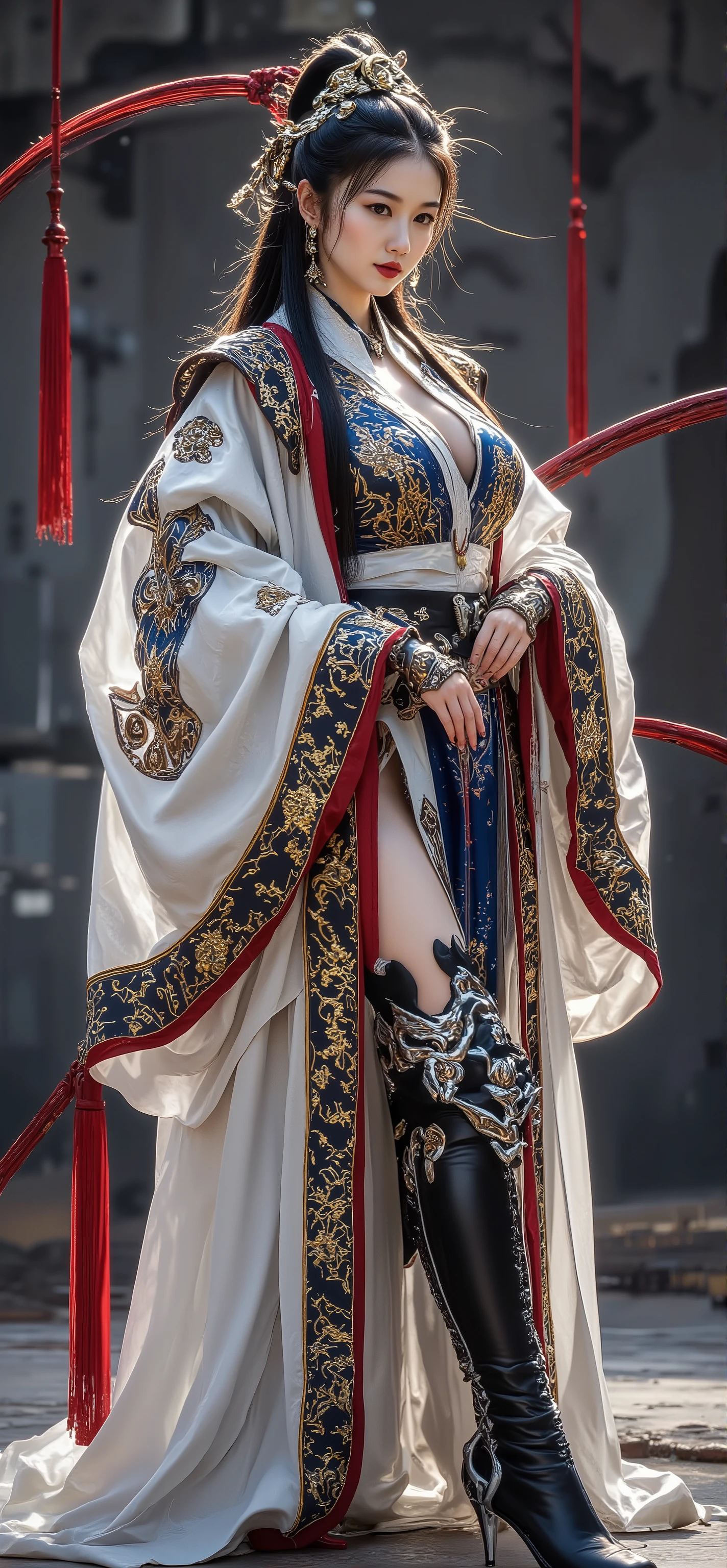 Picture a 20-year-old young Chinese woman. gigantic breasts, cleavage, hourglass figure, Long, straight black hair tied in a high bun adorned with a gold-and-red military headdress and a ponytail falling down her back. Wearing a Chinese Dynasty military tunic pearly white with dark blue and gold details, armor embroidered in dark red with dark brown and black with yellow embroidery. Long black Chinese military boots with white soles and medieval Chinese bracelets.