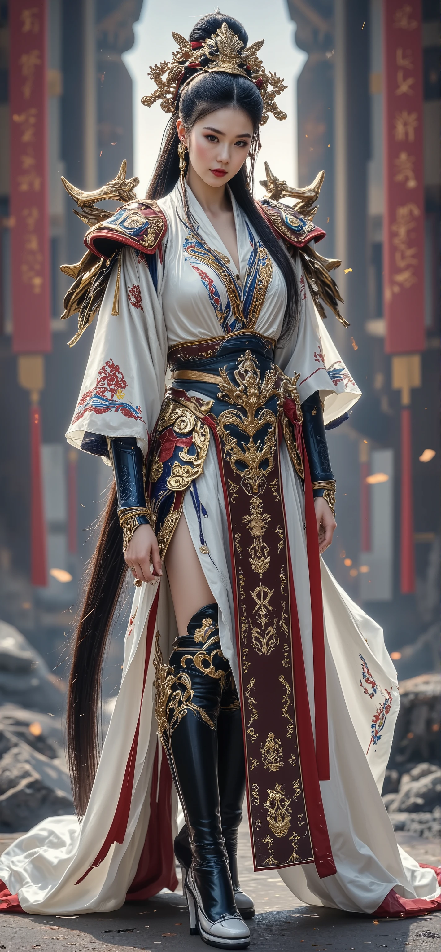 Picture a 20-year-old young Chinese woman. gigantic breasts, cleavage, hourglass figure, Long, straight black hair tied in a high bun adorned with a gold-and-red military headdress and a ponytail falling down her back. Wearing a Chinese Dynasty military tunic pearly white with dark blue and gold details, armor embroidered in dark red with dark brown and black with yellow embroidery. Long black Chinese military boots with white soles and medieval Chinese bracelets.