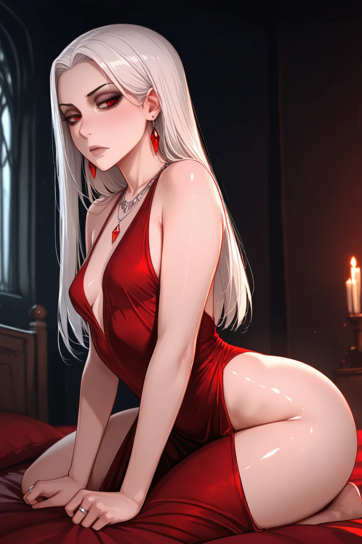flat chest, massive hips, hyper thighs, hyper ass, femboy, staring lustfully, androgynous, vampire, long white hair, white eyes, robes,((masterpiece))