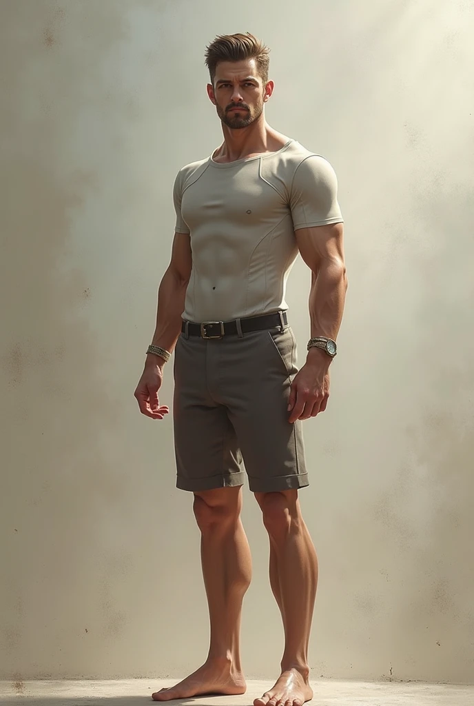 Vista frontal of a 20-year-old male model standing confidently on a wooden pedestal, shirtless, pantless, and barefoot. Art style inspired by Kevin Sloan's work. The model's athletic, toned physique is rendered in divine proportions, with brown short hair, brown eyes, a straight nose, thin lips, and a square chin. His face exudes a hard, masculine gaze, and his large eyes seem to hold an inner intensity. The background features a subtle, soft light that highlights the subject's defined muscles, creating a photorealistic masterpiece. The overall composition is perfect, with intricate details and vivid colors that pop in ultra-high definition.