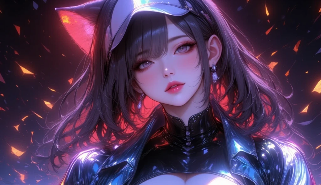 \(Style\): { Masterpiece, Best Quality, High Resolution, Super Detail, Flat Lighting, }, \(Composition\):\{1 Girl, Viewfinder}, \(Appearance\): {(Long Medium Hair: 0.8), Black-Purple Hair, (Straight Hair: 1.2), Black-Purple Cat Ears, Small White Ear Fluff, Shiny Hair, Black Eyes },\(Clothing\): { Black Purple Fashion }, \(Behavior\): { Have a magic wand }, \(Location\): { ( apocalyptic world, ruined city ) }