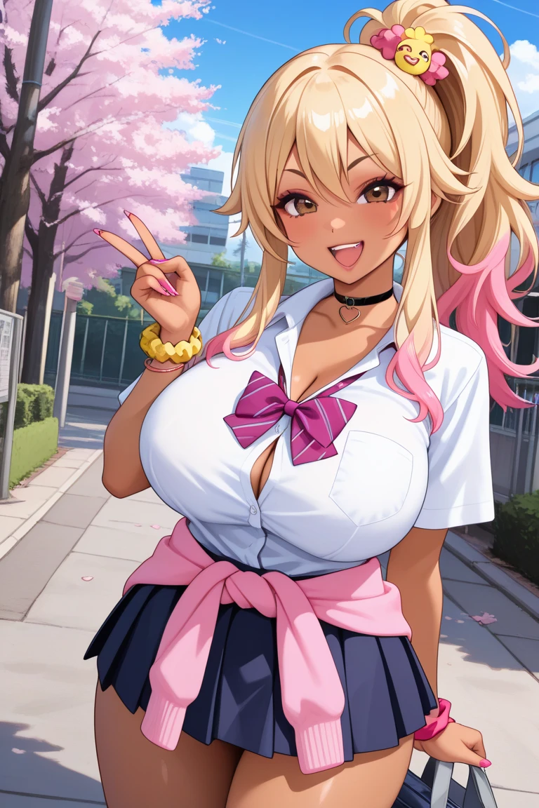 {{Full body view}} {{Artist: Sincos}} 1girl, Gyaru girl, blonde hair with a ponytail on the right side of her head, making this sign with her fingers: "V", smiling, pink lipstick, pink nails, big breasts, short outfit, pink eyes