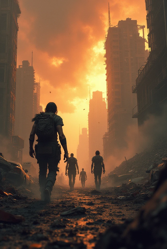 a visual novel poster for "Apocalypse of the Ancients," a post-apocalyptic story. The poster should feature Alex, the young protagonist, with (short, messy) brown hair and (piercing, determined) blue eyes. The poster should convey the dark and dangerous world of the post-apocalypse, with elements such as (ruined cities, desolate wastelands, and twisted mutants). The tagline should read, "In a world on the brink of extinction, one man will risk everything to uncover the truth." The title should be prominently displayed, with bold, eye-catching text.