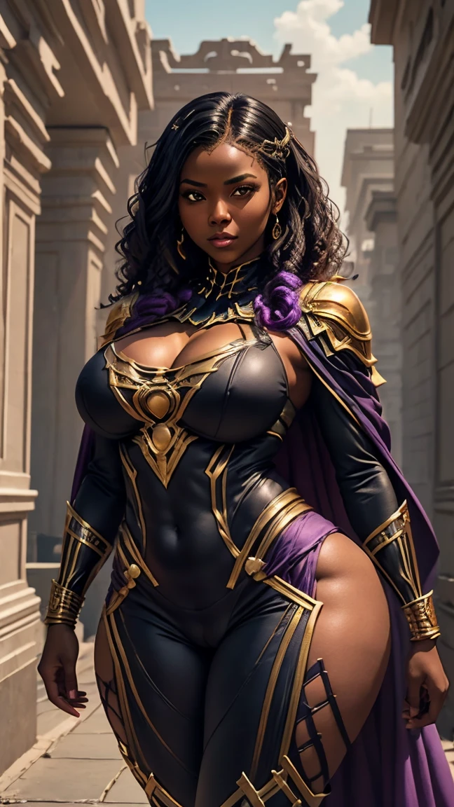 Portrait, Masterpiece, Excellent Quality, 1girl, solo, intricate details, color diffusion, close-up shot, African-American female, dark-skinned female, brown skin, slim body, thighs, long black dreadlocks, dark hair, black hair, purple eyes, sexy combat attire, cape, cloak, battle pose, badass, lust demon, Super Villain, Sci-Fi, Fantasy