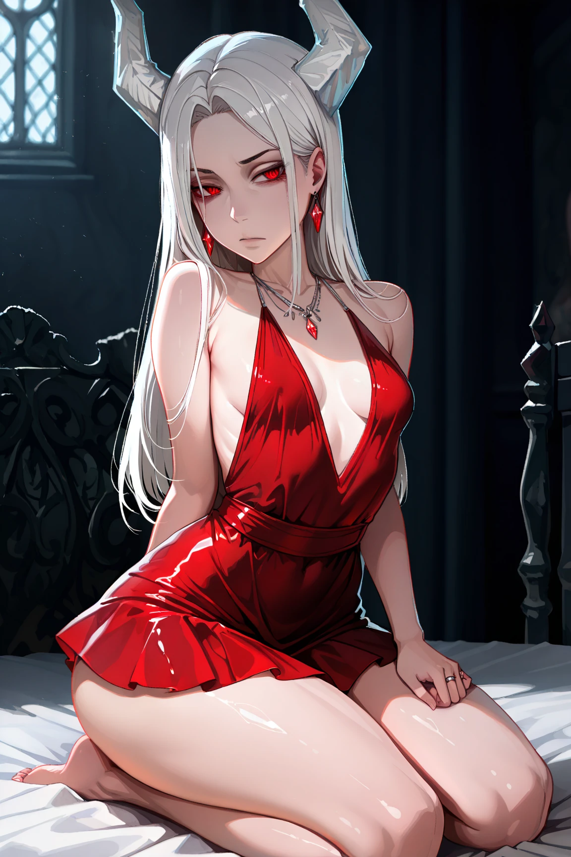 No mans land,Not human,1famale,solo,full body,bloody red eyes,like a beast,bloody,very thin clothes,barefoot,lotus love,