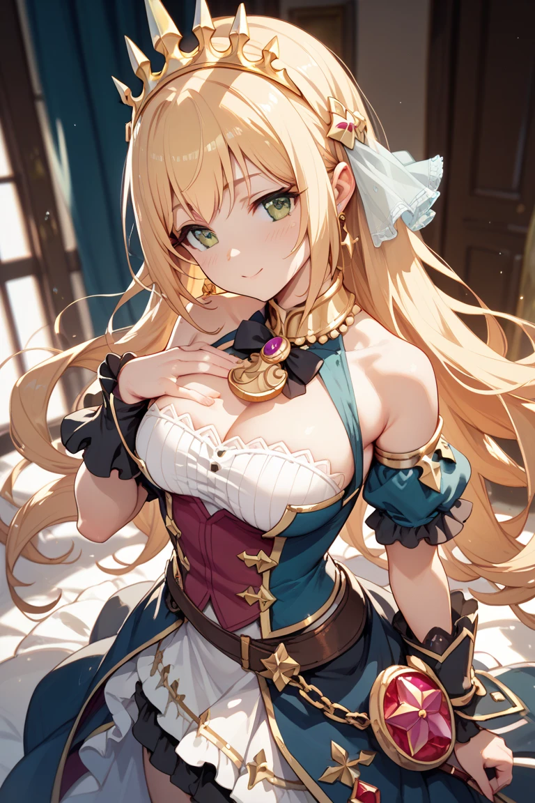 ((highest quality、High resolution、Highly detailed CG Unity 8K wallpaper))、detailed face、perfect body、unparalleled beauty、blonde、beautiful breasts、Embarrassing erotic smile、elaborately decorated fancy dress、((She lifts up her skirt and shows her panties、I'm seducing you))