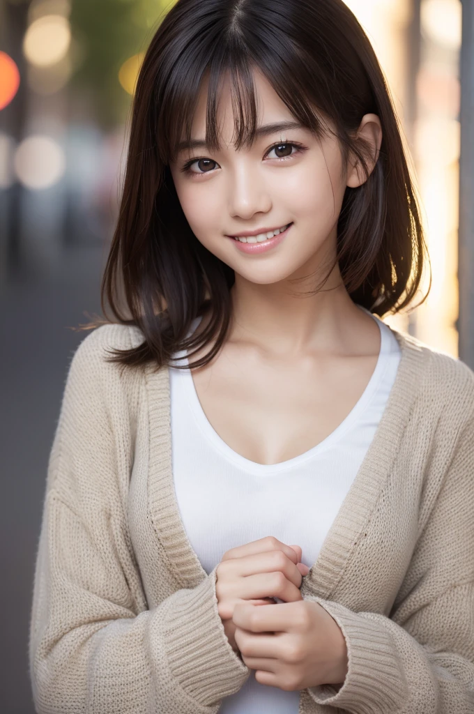 beautiful girl, (Smile, light makeup, Thin eyebrows, Thin eyebrows), night、Raw photo、(((究極のbeautiful girlのポートレート)))、((Glowing Skin))、1 girl、Beautiful 15 year old student、Natural look、((Brown Hair))、(Cleavage)、(Pleated skirt:1.5)、((Sparkling Eyes, Young face))、Open cardigan、Open your clothes、pantyhose、Glowing Skin、(Straight Hair)、(With bangs)、(standing)、(From below)、Under the skirt、Under the skirt、(下着をFrom belowクローズアップ)、Beautiful Bangs, ((masterpiece、最high quality、Ultra-detailed、Film Light、Intricate details、High resolution、Very detailed))、Detailed Background、8KUHD、Digital SLR、Soft Light、high quality、Film Grain、Fujifilm XT3 、Shallow depth of field、Natural soft light、Ample breasts