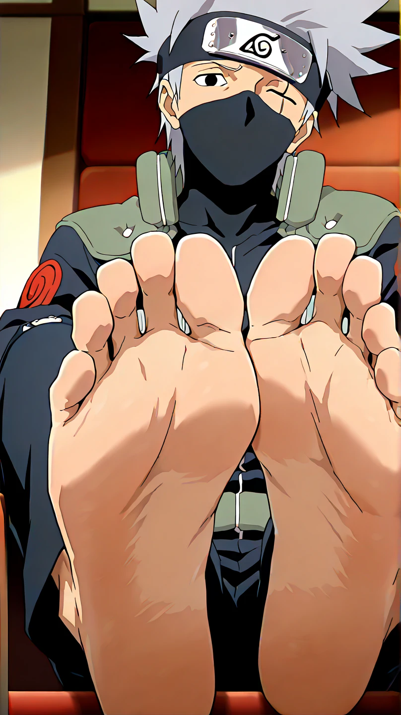 score_9, score_8_up,source_anime, adult version
1boy, alone, (score_9, score_8_up, score_7_up), 1boy, score_9, score_8_up, score_7_up, source_anime, highly detailed, 
1boy,    1boy, kakashi, grey hair, covered mouth, mouth mask,, scar across eye, forehead protector

indoor, japanese, looking at viewer, cowboy shot, anime screencap, anime coloring，barefoot，Perfect feet，Anatomically correct，soles，Focal length 35mm, Five toes，front，Symmetrical Soles，Foot Focus, in the study, sitting on the chair, legs put on a table to show his soles, low angle,
anime screencap, masterpiece, best quality, amazing quality, very aesthetic, official style,
1boy, solo, , barefoot, he is adult
 ,official style, barefoot, foot focus, looking at viewer, Alone, cowboy shot, anime coloring, Perfect feet，Anatomically correct，soles，Focal length 35mm, Five toes，front，Symmetrical Soles,
sitting with his feet prominently displayed toward the, He is barefoot, and the soles of his feet are the central focus of the image, appearing close-up.High Resolution, Best Quality, Accurate, no extra toes, joined feet