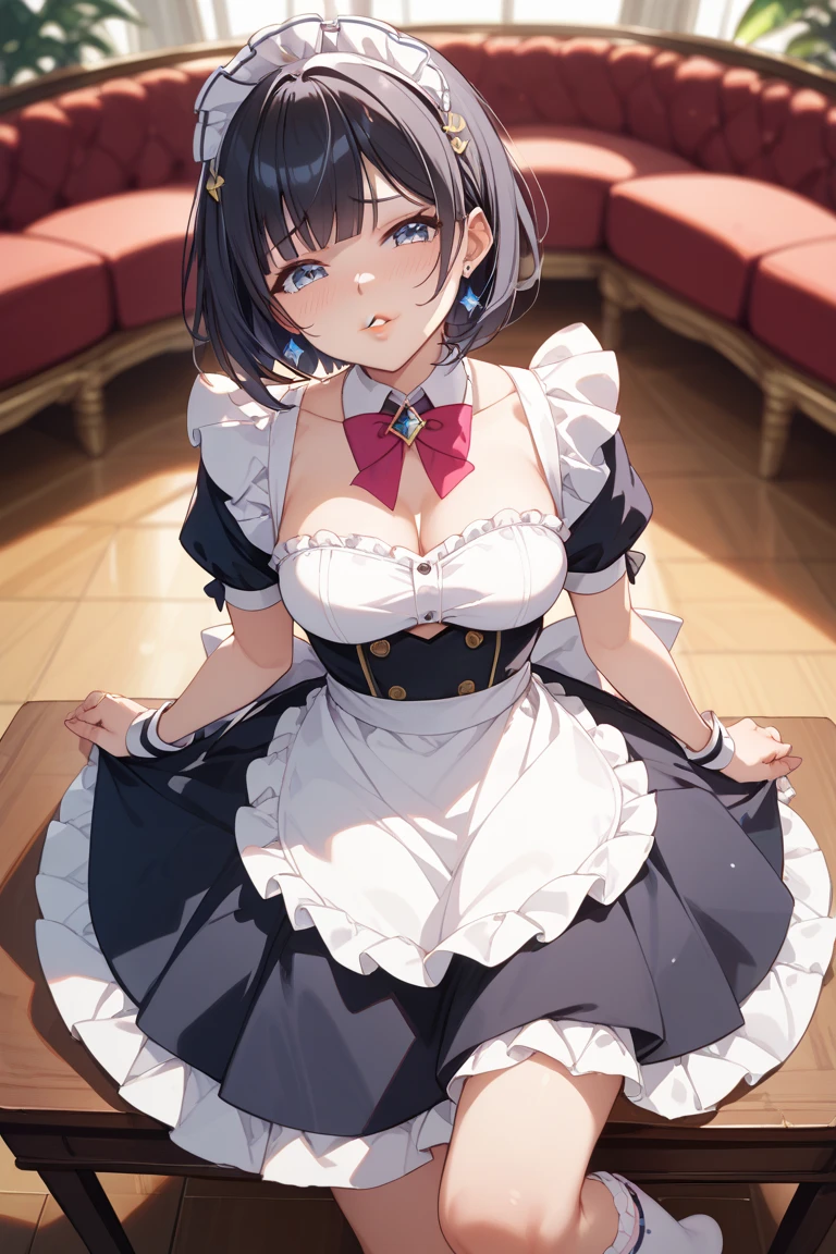 best quality, masterpiece,
(Highres), (Detailed Illustration), Ultra-Detailed, Glowing Particles, Digital Art, 
1girl, solo, very short hair, navy blue hair, yellow eyes, large breasts, tomboy, bangs,
<lora:Tomboy-3000-12repeats:0.8>, <lora:tareme_eyes:1.1>,
view from front,
shameful, blush, parted lips,
cowboyshot, 
front light, bright,
1990's_PC, <lora:1990's_PC:0.4>,
skirt , white outfit , cleavage cutout, fishnet pantyhose, solo <lora:sexycosplayV2.0:0.5>