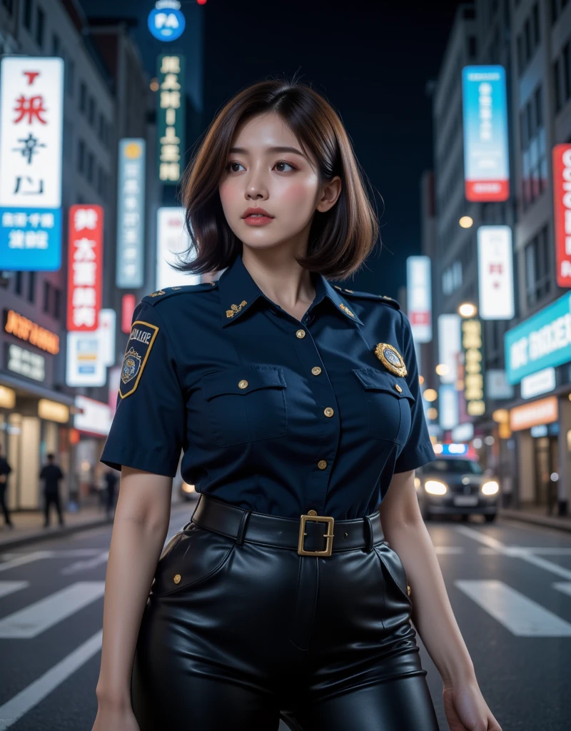 The highest image quality,Excellent detail,超高分辨率,Policewoman,Future police officer,Model figure,dynamicposes,a somber look,Gloomy eyes,masked,She wears a futuristic police uniform,She stood in front of a police car,sturdy body,Detailed abs,Detailed muscle lines,A sense of power,sweat face,natta,Doiko,exterior,street corner,A street in the center of Tokyo:1.5,Tokyo night view background,At night,Neon lights,tech sense,future-tech,Very detailed cyberpunk style,cyberpunk character:2.0,Police uniform:2.0,police hat,wear police cap,Electric batons,With a gun:1.5,The gun of the future,intercom,Wireless devices:1.5,handcuff:1.5,police cars:1.5,The police car of the future,(Highly detailed body,Highly detailed face,Best quality at best:1.2) ,frontage,full bodyesbian,Look from the bottom up,Bottom-down, view the viewer,Machinery,Tokyo city background,tokyo city,Doiko,((Machinery:1.5)),((Police uniform:2.0)),((Hold the electric baton with both hands:2.0)),((Police accessories:2.0)),((Police equipment:2.0)),((Tokyo city background at night:2.0)),((Busy streets:1.5)),((police cars:2.0)),(fully body photo:2.0),((natta:2.0)),((Detailed hands:2.0)),((Harmonious body proportions:1.5)),((Normal limbs:2.0)),((Normal fingers:2.0)),((Detailed eyes:2.0)),((Normaleyes:2.0)),
