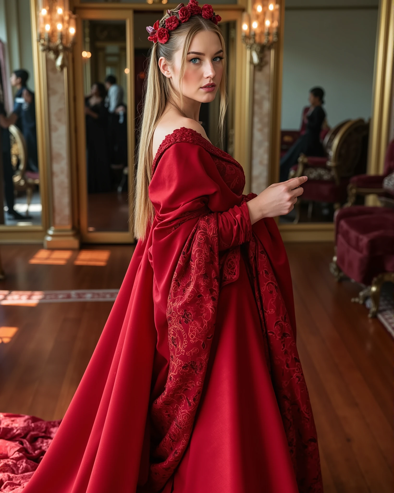 light blue blond eyes, Mature woman wearing scarlet sorceress costume style clothes, Full body empie, , Gothic red makeup , , luxurious colors, , luxury yacht,