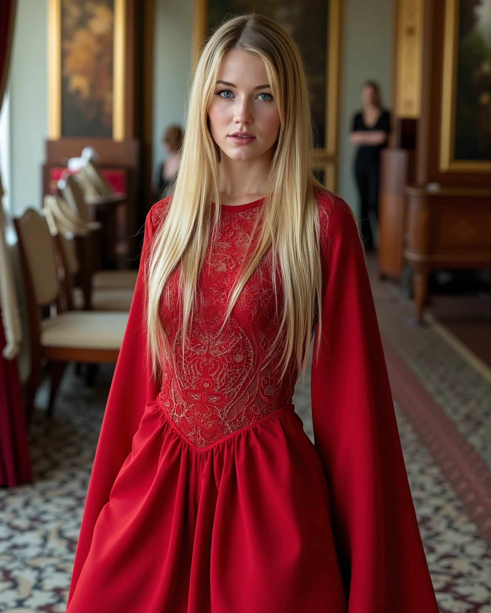 light blue blond eyes, Mature woman wearing scarlet sorceress costume style clothes, Full body empie, , Gothic red makeup , , luxurious colors, , luxury yacht,