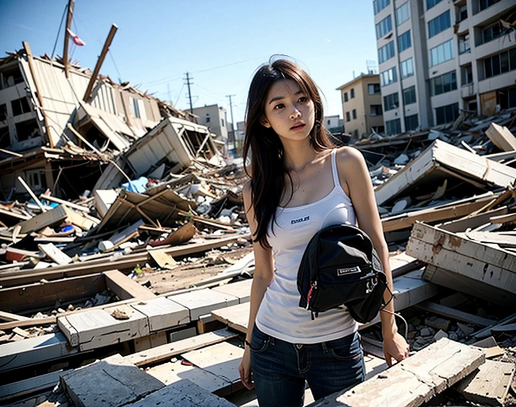 Highest quality,Very sophisticated beautiful Japanese cyborg girl, Dynamic pose in front of the destroyed low-rise buildings of Kyoto city、 Bionic body with futuristic details. (Dynamic pose in front of the destroyed low-rise buildings of the old Kyoto cityscape. Highly detailed cyborg, Bionic body with futuristic details.)