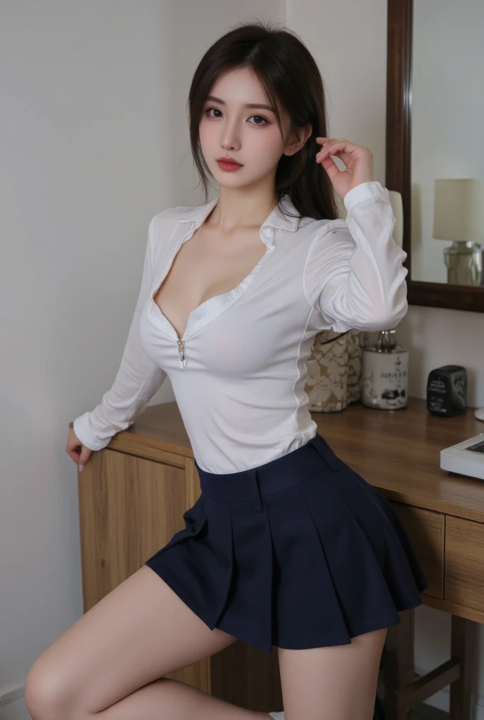 ultra realistic 8k cg, picture-perfect face, flawless, clean, masterpiece, professional artwork, famous artwork, perfect face, beautiful face, beautiful eyes, ((perfect female body)), solo,(immersive atmosphere, chiaroscuro:1.5,bright light:1.2,luminous lighting)
,,(blush:0.5),seductive expression,extremely detailed_eyes,thick thighs,large breasts,
beautifully detailed background,depth of field,realistic:1.3, long shot,1girl,shirt,pleated skirt, , sitting, full body, 
(ambient light:1.3),(cinematic composition:1.3),(neon lights:0.1),(HDR:0.1),Accent Lighting, white pantyhose,   
