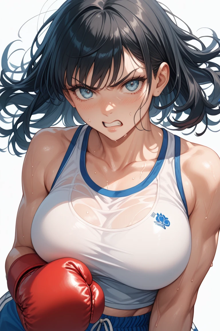 Female boxer right straight punch, upper body, dramatic, masterpiece, sweat, high quality, arm extended punch