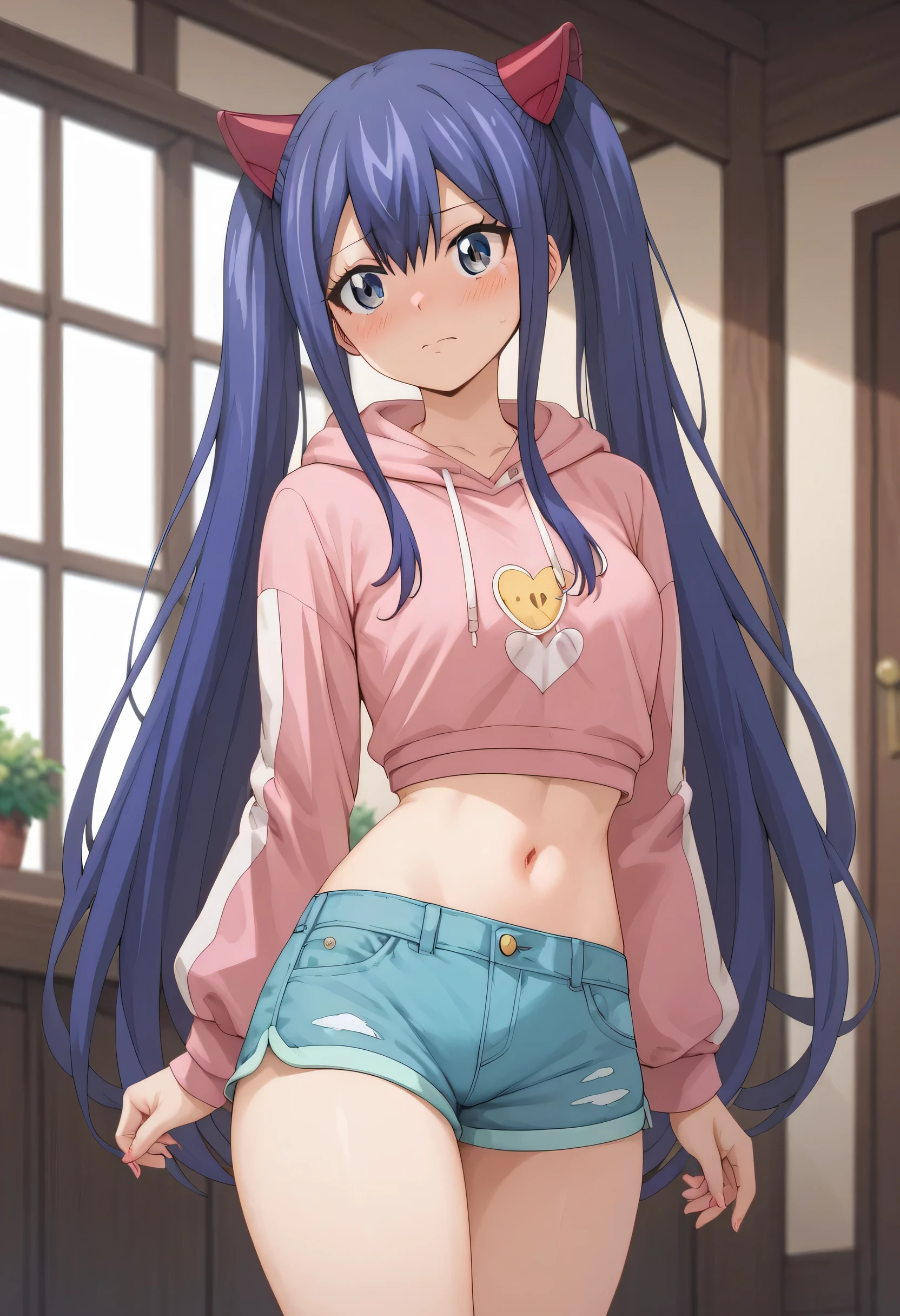 An image of Wendy Marvell blushing with flat breasts and a thin waist, wearing a pink sweatshirt with short shorts in a room