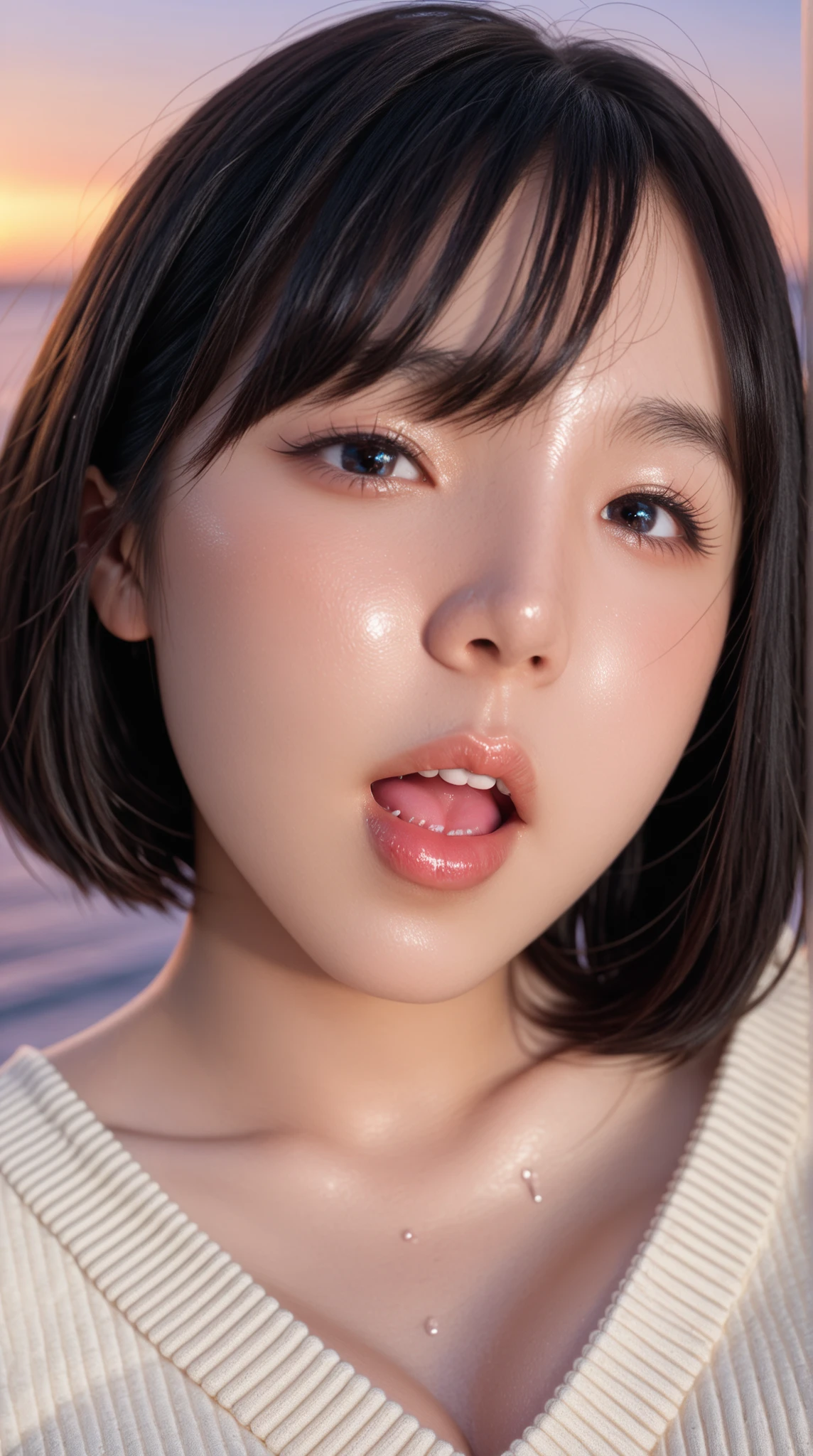  Cute Japanese Woman, ((baby face)), ((round face)), ultra high detail, Award-Winning Photos,  perfect skin, Oily Skin,  Shiny Skin, white skin, sweaty skin, very beautiful face,  realistic , Compensate,  Elegant Woman , Clean your nose, (( black hair)), ((straight short hair)), ((bungs)), glossy lips,  eyelashes, volumous body, ((Ribbed sweater)), ( under bob), (), (sunset), detailed background,  hard light , Strong Shadows, ((  expression :1.3)), (blanking of experiences), ((Bust)), ((close-up)), (( Open Your Mouth :1.3)) Ai Shinozaki