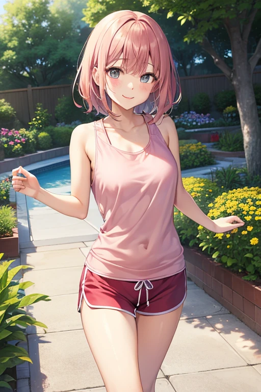 <lora:gymuni3:0.6>, (pink gym uniform), from side, looking at viewer, smile, short hair, single hair bun, lips, outdoors