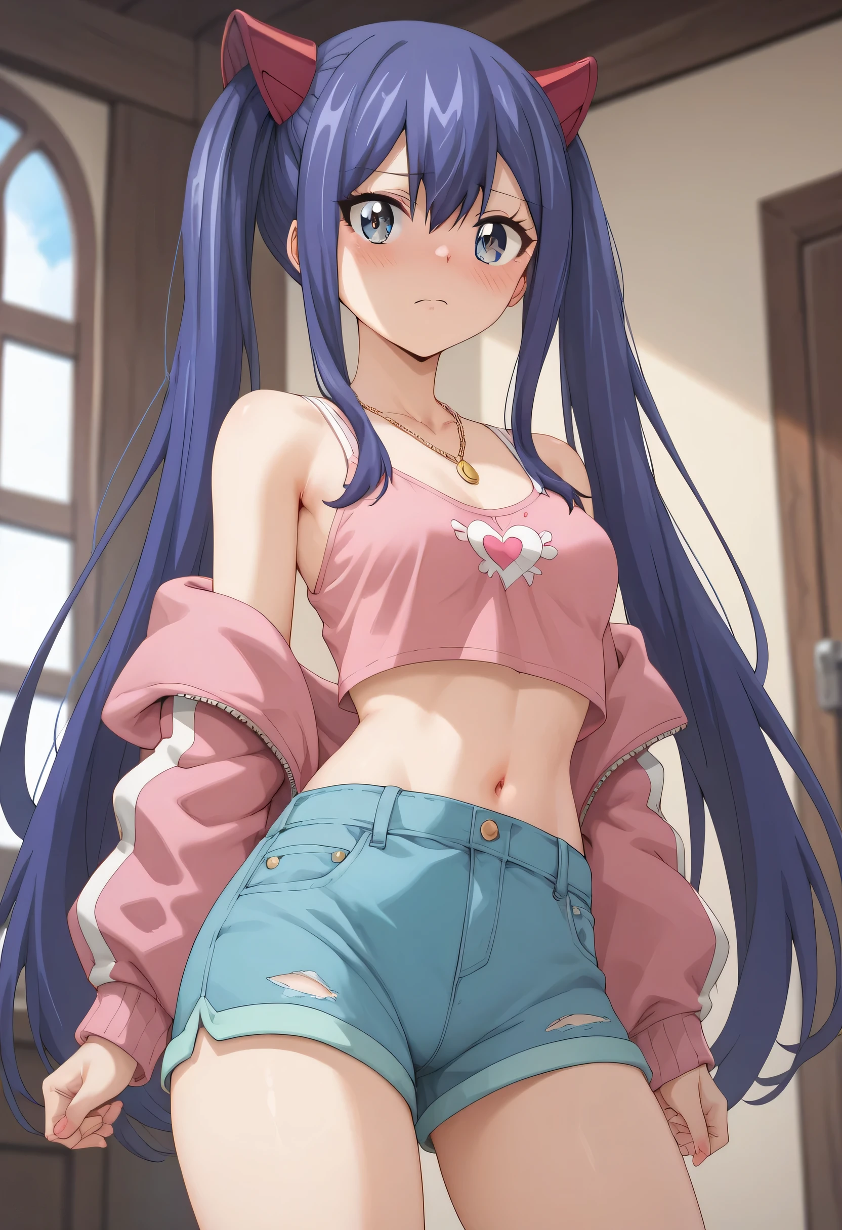 An image of Wendy Marvell blushing with flat breasts and a thin waist, with a pink sweatshirt fastening with a short shorts in a room