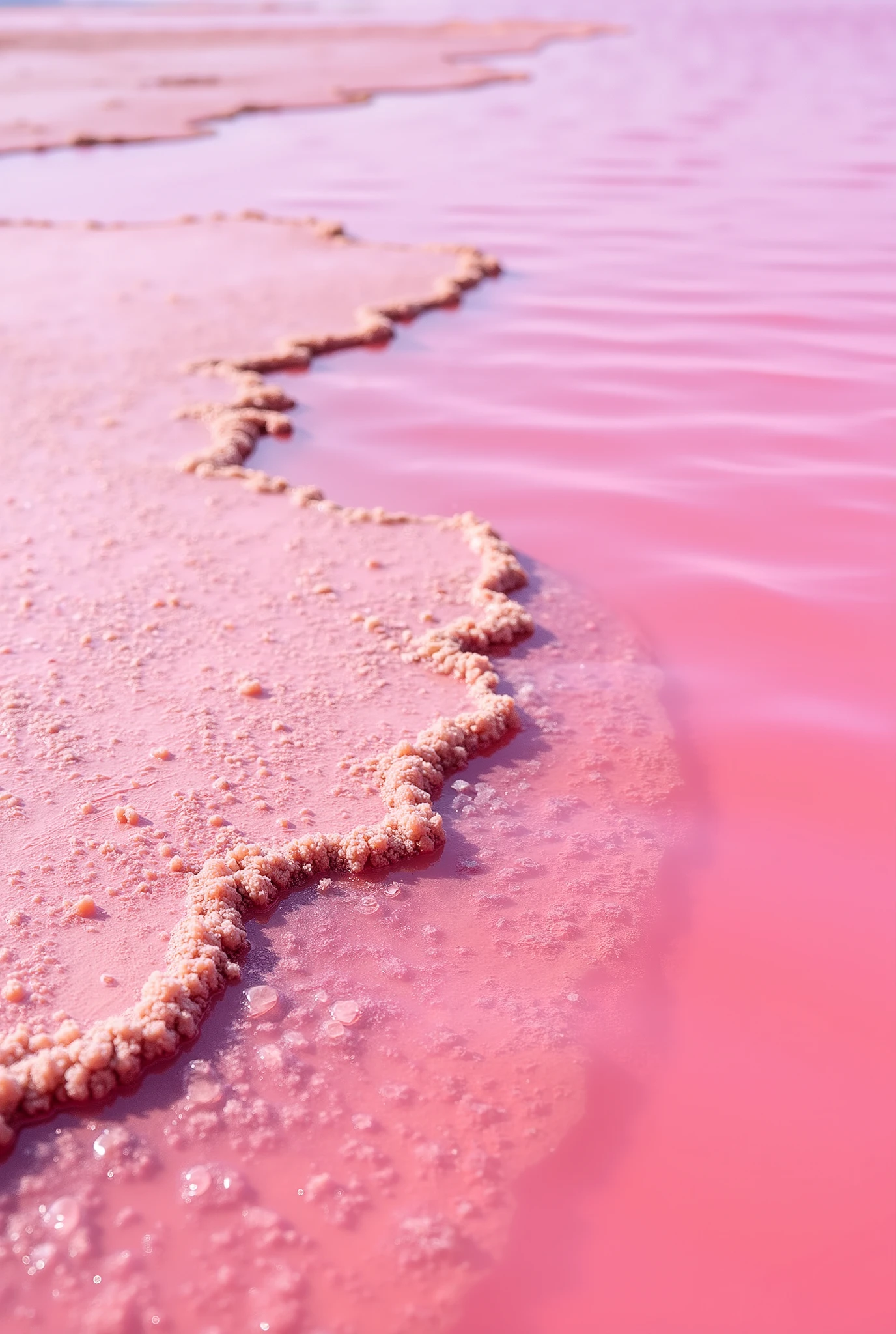 A **hyper-realistic extreme close-up** of the **pink salt-crusted shoreline of Lac Rose (Retba-See) in Senegal**. The **vibrant, mineral-rich water transitions from soft pink to a deeper magenta hue**, with **tiny salt crystals forming intricate patterns along the edges**. The sunlight catches the **wet, crystalline deposits**, making them sparkle like delicate gemstones. **Ripples in the water create a mesmerizing shimmer**, while a few **floating salt granules drift across the surface**, emphasizing the lake’s surreal, otherworldly beauty.