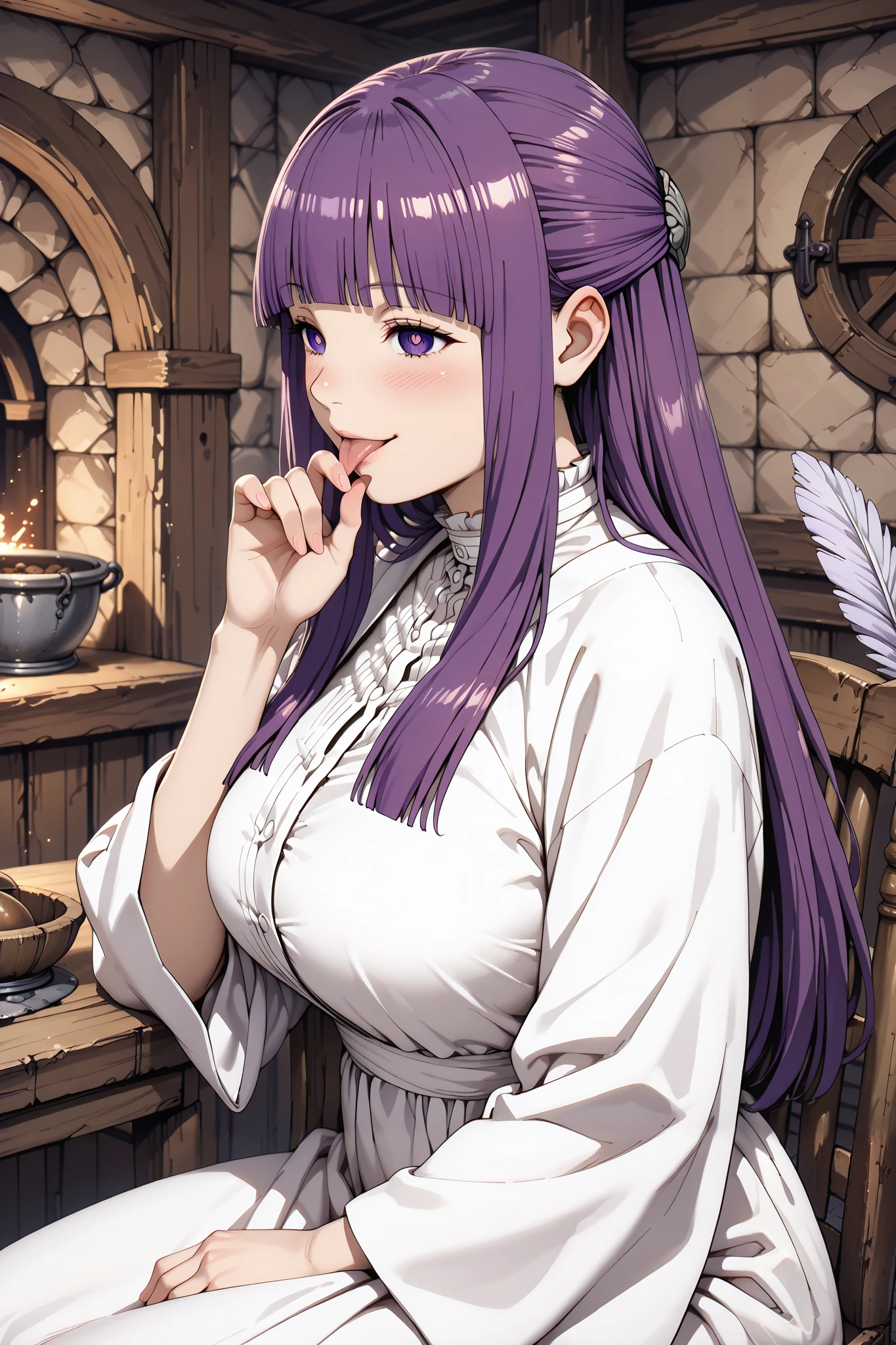 score_9, score_8_up, score_7_up, score_6_up, source_Sousou no frieren, highly detailed eyes, perfect eyes:1.1,
top quality, details, latest, AI-generated, ultra high definition, cowboy shot, mature, Alone,
curvilinear, anatomically correct, detailsな肌, sitting, Wooden chair,
(Fern, long hair, bangs, purple eyes, purple hair, sidelocks, blunt bangs, bright pupils, half updo, large breasts), white robe, no sleeves,
(happy:0.8), (orgasm:0.6), (narrowed eyes:0.8), blush, smile,
Medieval Inn, licking finger, (Watch Viewers:1.2),