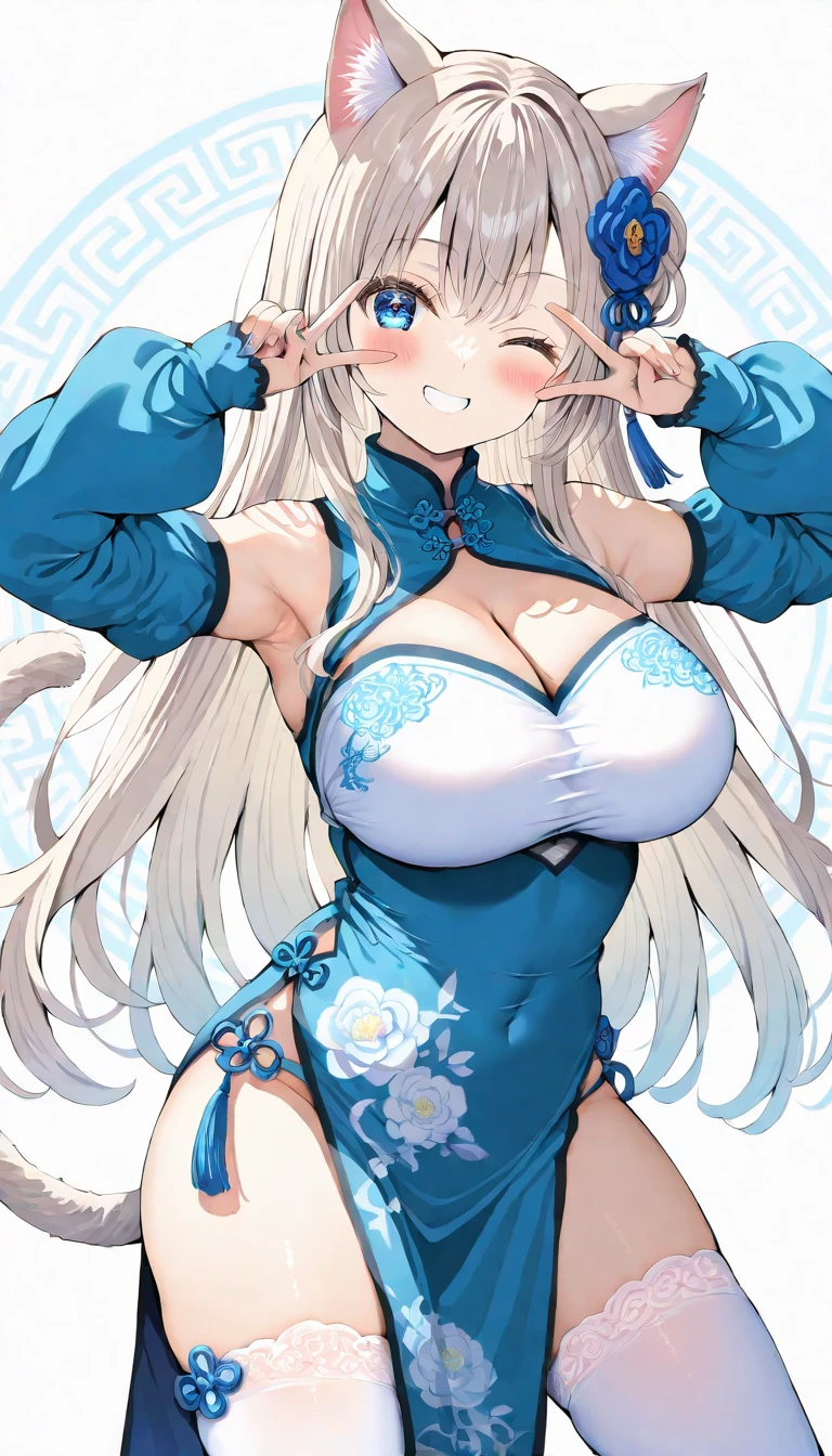 girl,((blonde)),(Side ponytail tied around the temporal lobe:1.2),(hair tied together),(blue ribbon at the knot:1.2),((Clear blue eyes)),((Atmosphere of photo studio:1.2)),((During the shooting of a magazine:1.2)),((A tight-fitting costume that looks like a battle suit:1.4)),((model pose:1.3)),((Grinning)),(close up of face:1.3)