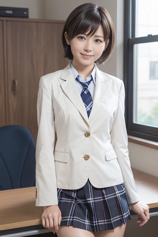 One Woman、((Standing wearing a blazer and miniskirt school uniform))、Primary school students,((small breasts)),Highest quality、Very delicate and beautiful、((Very short bangs))、((Bangs))、明るいつやのある茶色の髪のHighest quality、Very delicate and beautiful、((Very short bangs))、((blunt bangs))、Light shiny brown hair、The hair is light、((Short Bob))、Cute face、Young face、Cute like an idol、Are thin、Slim figure、slender、Short、 body type、((Background is an elementary school classroom))、Thighs、Photographed from the front、The best smile、