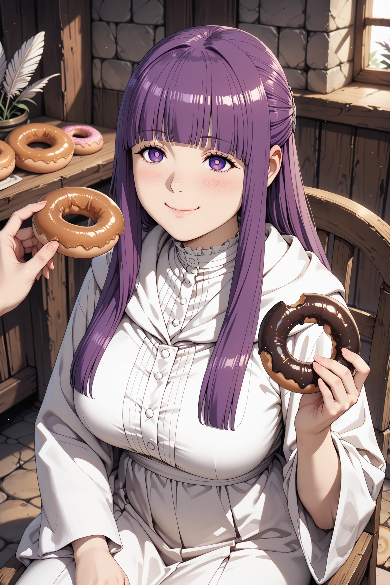 score_9, score_8_up, score_7_up, score_6_up, source_Sousou no frieren, highly detailed eyes, perfect eyes:1.1,
top quality, details, latest, AI-generated, ultra high definition, cowboy shot, mature, Alone,
curvilinear, anatomically correct, detailsな肌, sitting, Wooden chair,
(Fern, long hair, bangs, purple eyes, purple hair, sidelocks, blunt bangs, bright pupils, half updo, large breasts), white robe, no sleeves,
(happy:0.8), (orgasm:0.6), (narrowed eyes:0.8), blush, smile,
Medieval Inn, feeding, incoming doughnut, holding doughnut, (Watch Viewers:1.2),