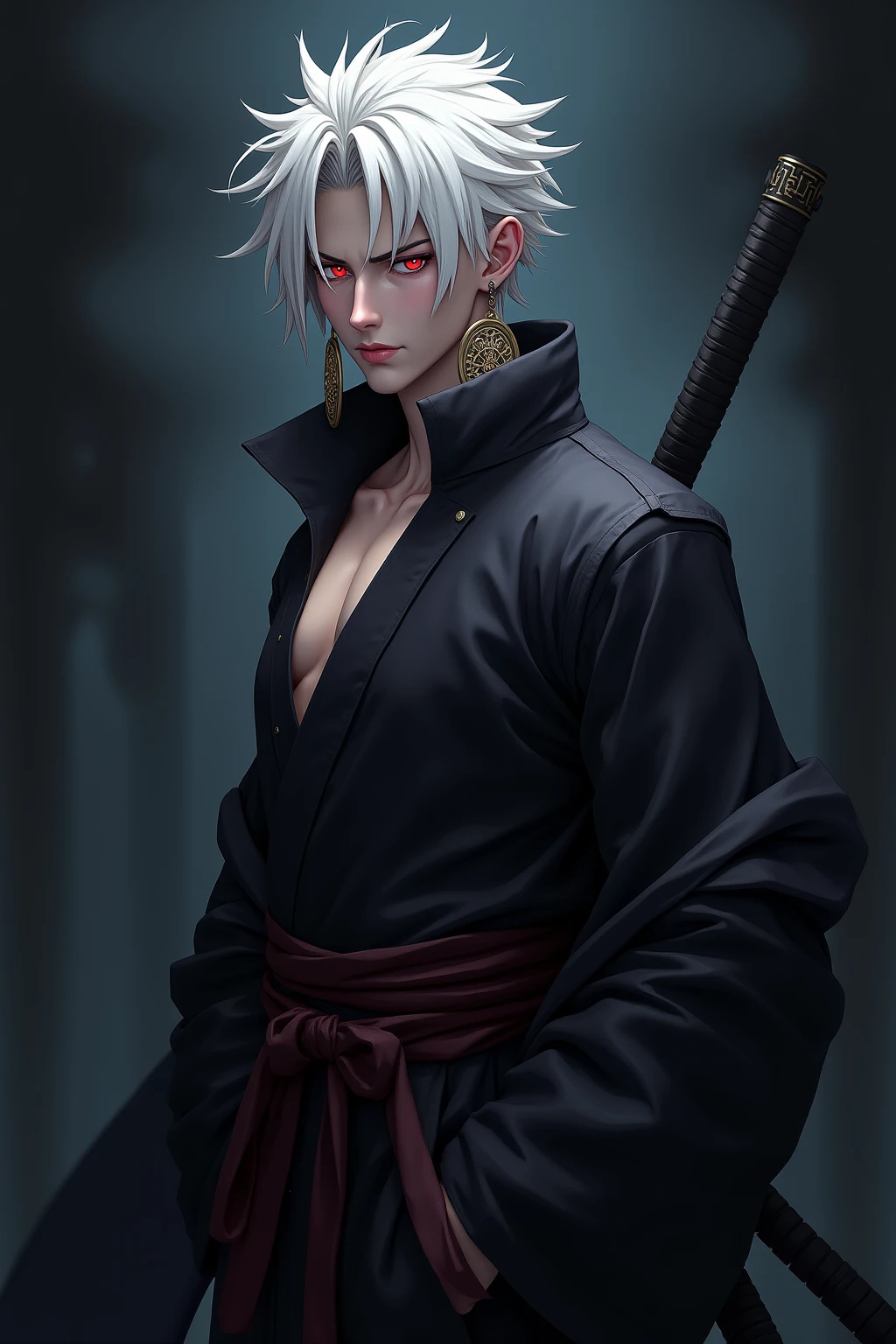 young european man, vampire. short white hair, kimono, muscular, thin, smoking, holds katana, semirealism --auto --s2
