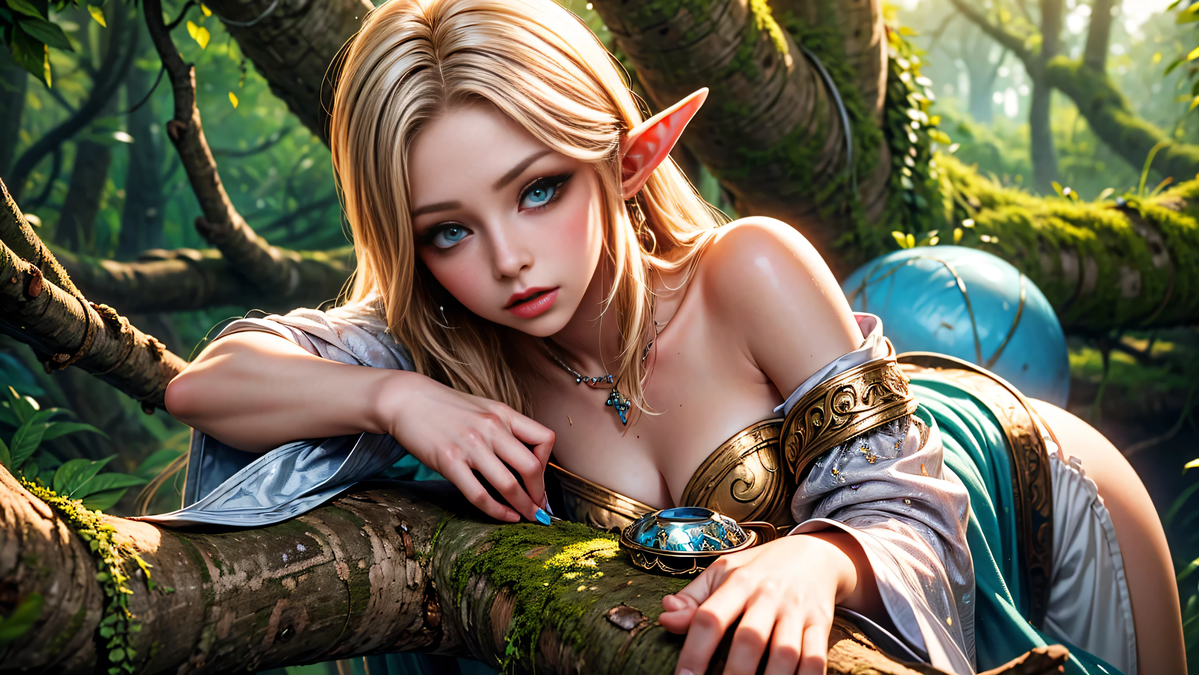 masterpiece, best quality, young, elf adventurer, smirk, blushing, (ultra-detailed body), cinematic, volumetric lighting, soft lighting, mystical, magical, fantasy, (nsfw), (lying down), looking at viewer, from side,