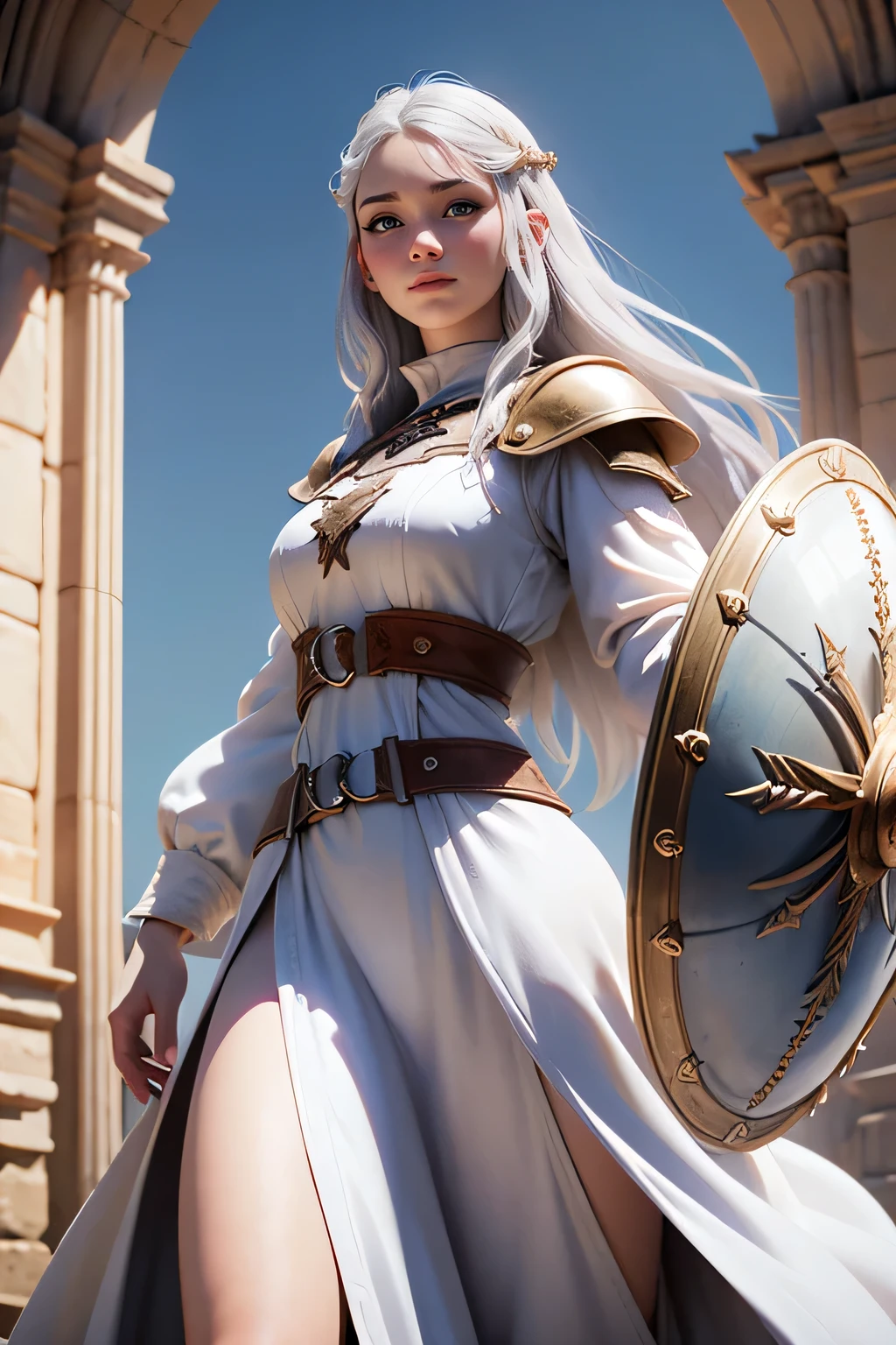 Young woman, campesina medieval "The Chronicles of Narnia", gray and brown shreds, blue eyes , short white hair, dynamic position, raised hands sign, safe expression, Iluminación natural, plain white background , white robe, Large tower shield, long majestic white hair, tall woman, Shy