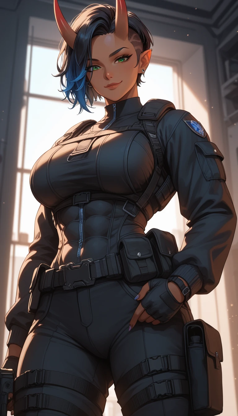 tomboy woman, dark skin, short black hair, blue eyes, tall, sexy body, big tits, big ass, seductive smile, dark blue jacket. black pants
